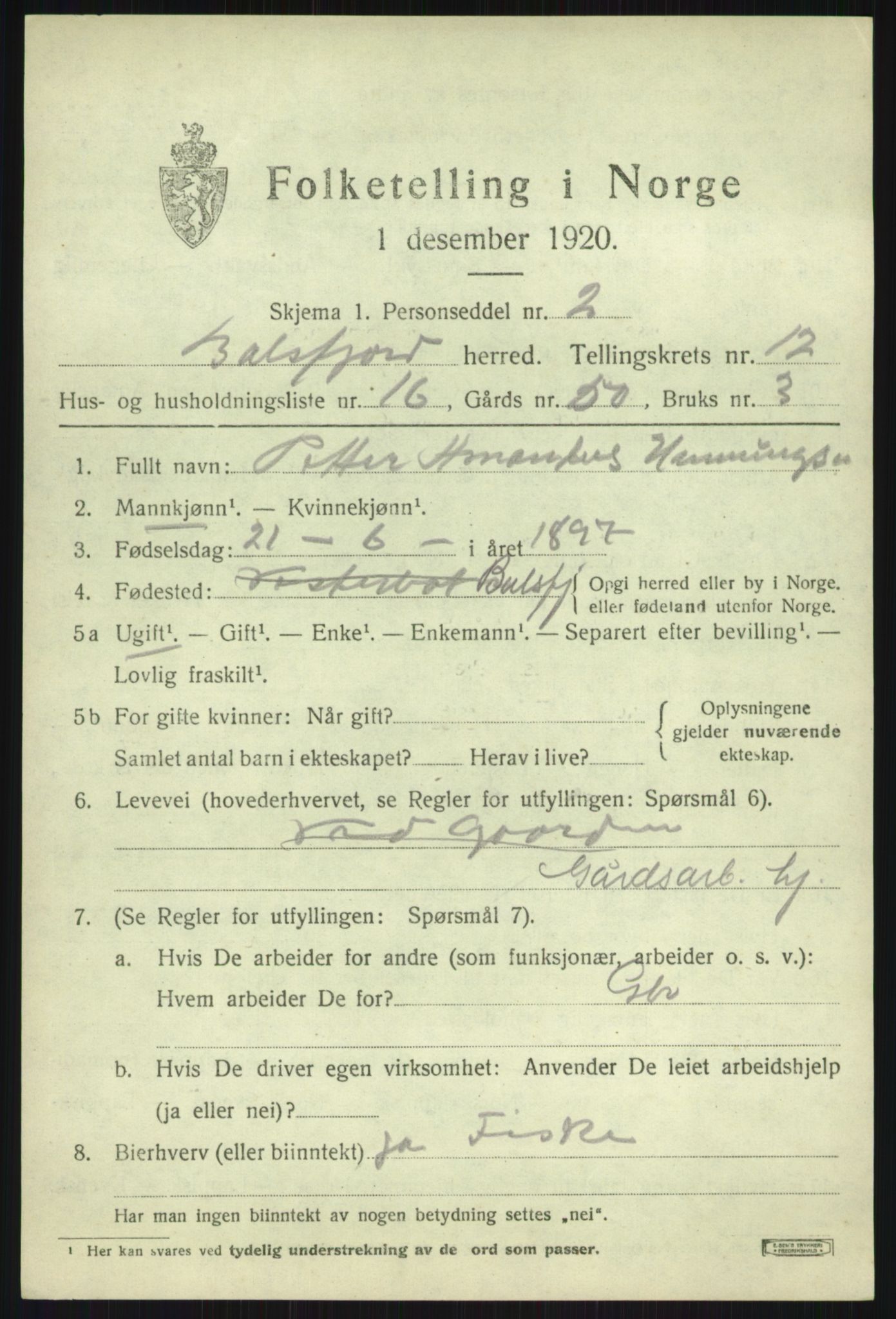 SATØ, 1920 census for Balsfjord, 1920, p. 7441
