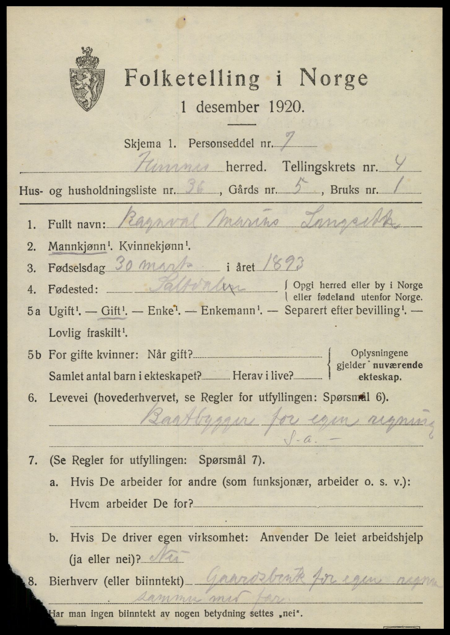 SAT, 1920 census for Hemnes, 1920, p. 5932