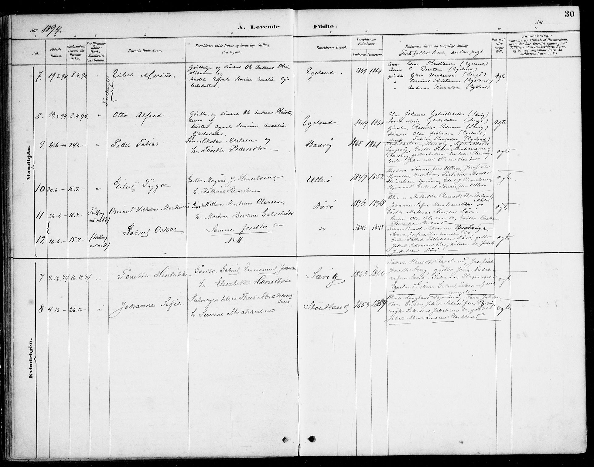 Herad sokneprestkontor, AV/SAK-1111-0018/F/Fa/Fab/L0005: Parish register (official) no. A 5, 1886-1913, p. 30