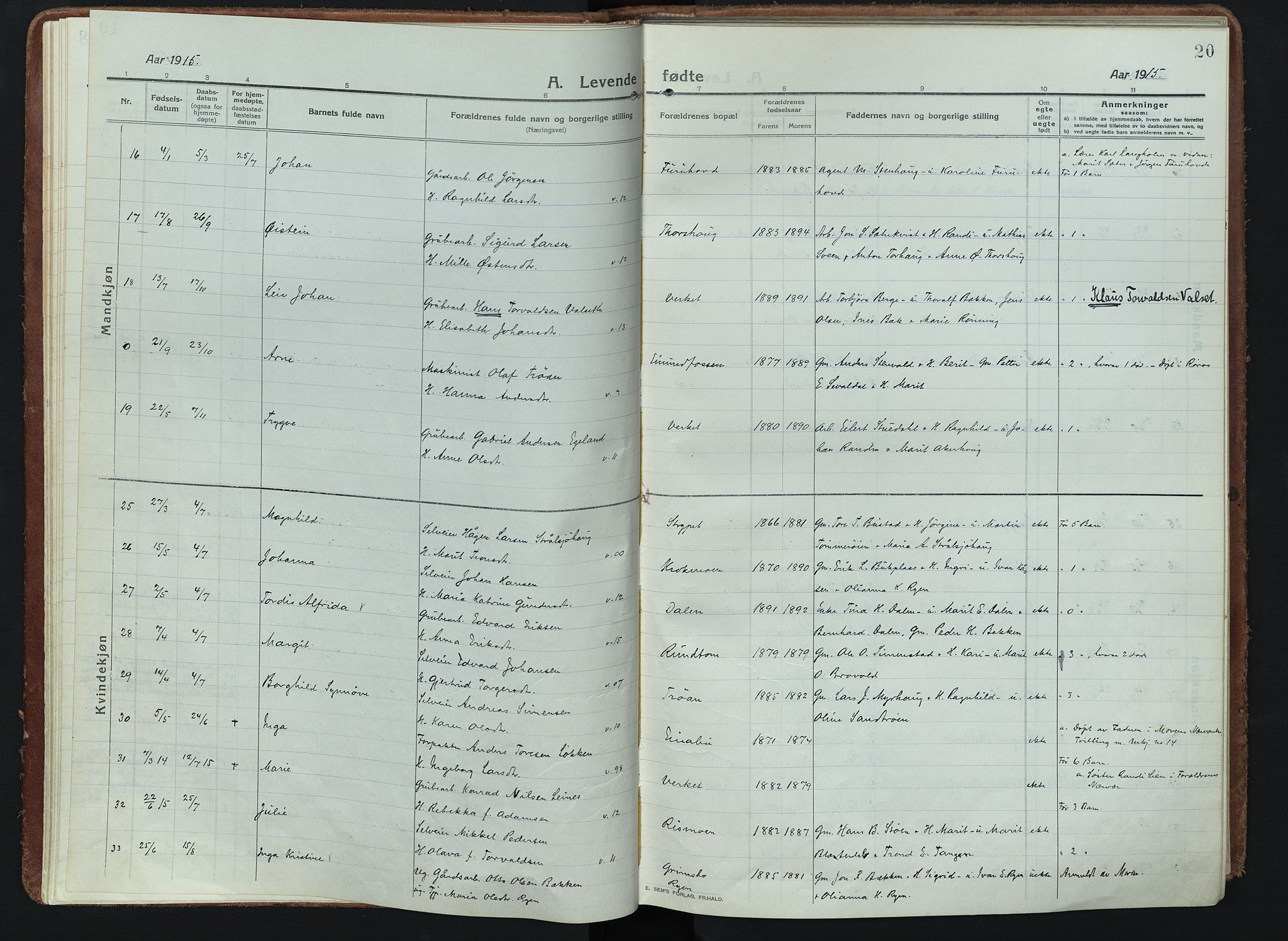 Alvdal prestekontor, AV/SAH-PREST-060/H/Ha/Haa/L0005: Parish register (official) no. 5, 1913-1930, p. 20