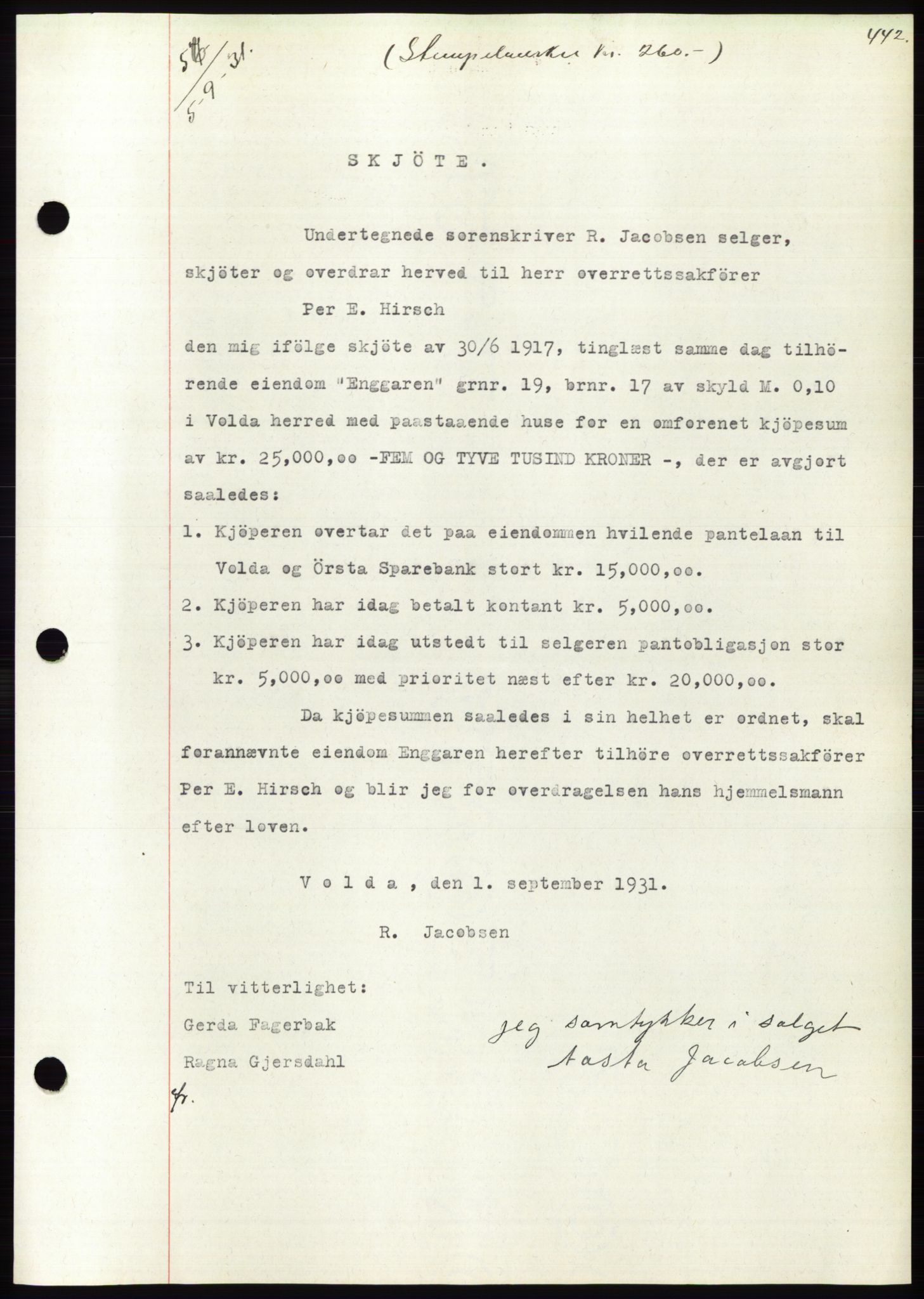 Søre Sunnmøre sorenskriveri, AV/SAT-A-4122/1/2/2C/L0052: Mortgage book no. 46, 1931-1931, Deed date: 05.09.1931