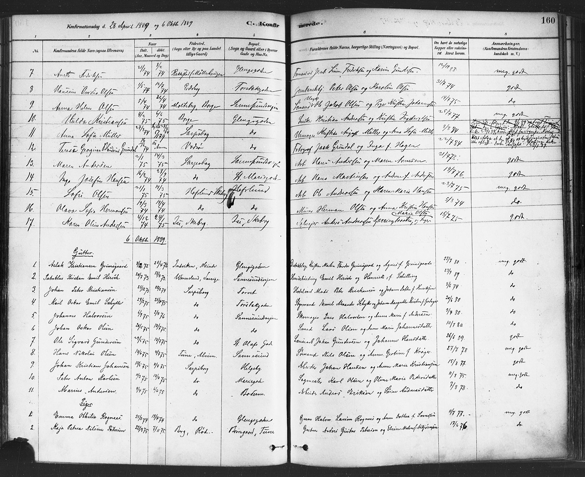 Sarpsborg prestekontor Kirkebøker, AV/SAO-A-2006/F/Fa/L0003: Parish register (official) no. 3, 1878-1891, p. 160