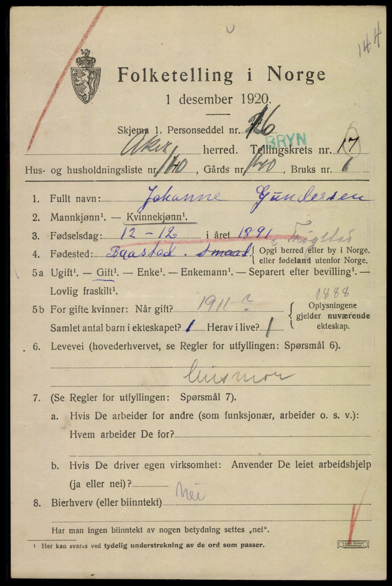 SAO, 1920 census for Aker, 1920, p. 104858