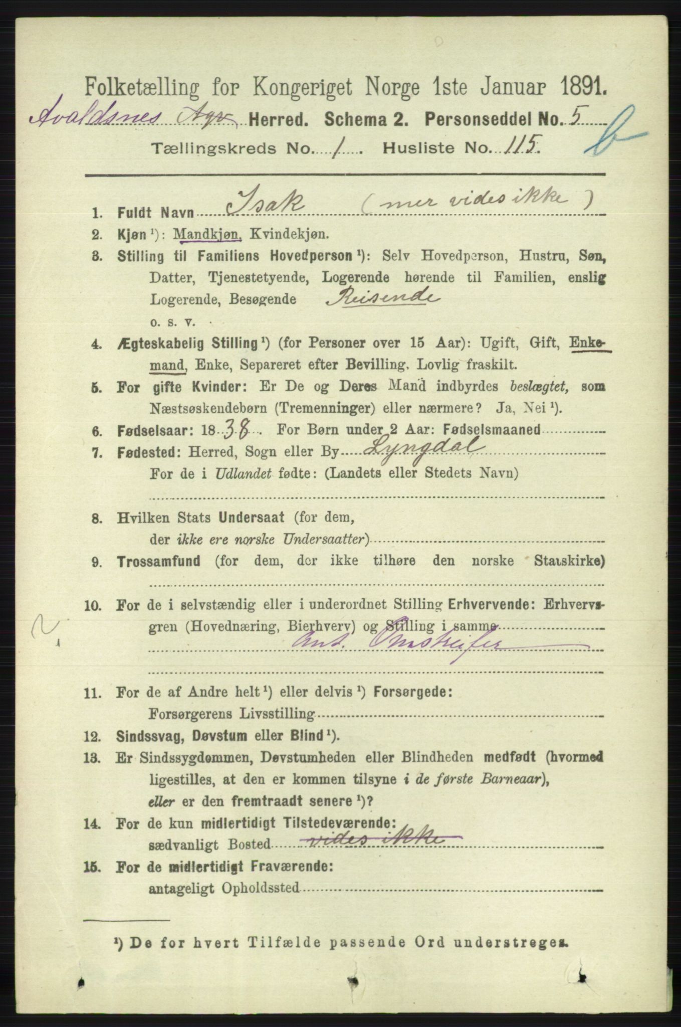 RA, 1891 census for 1147 Avaldsnes, 1891, p. 1886