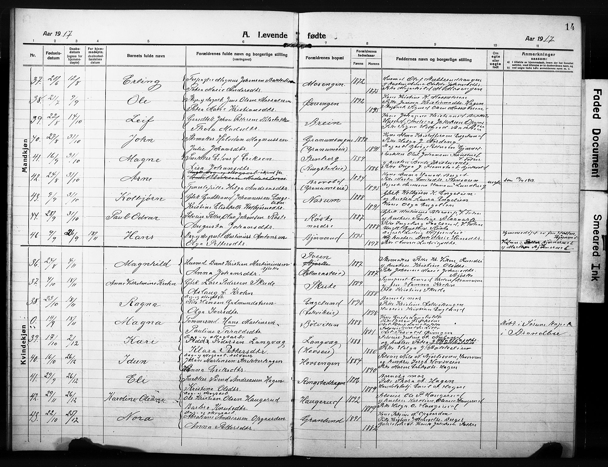 Søndre Land prestekontor, AV/SAH-PREST-122/L/L0007: Parish register (copy) no. 7, 1915-1932, p. 14
