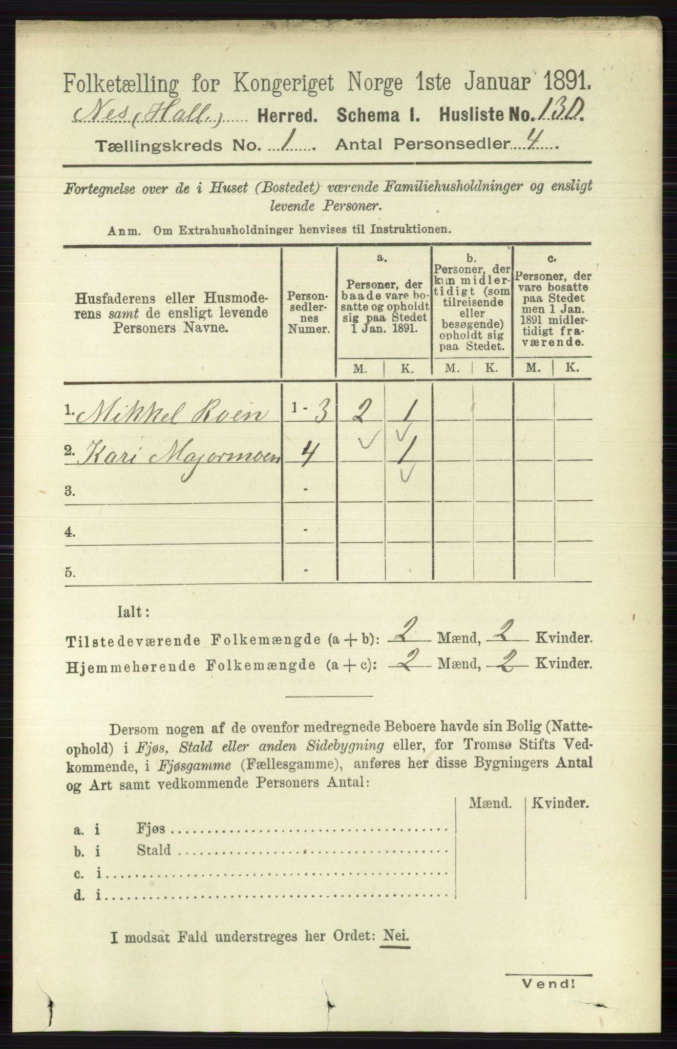 RA, 1891 census for 0616 Nes, 1891, p. 172