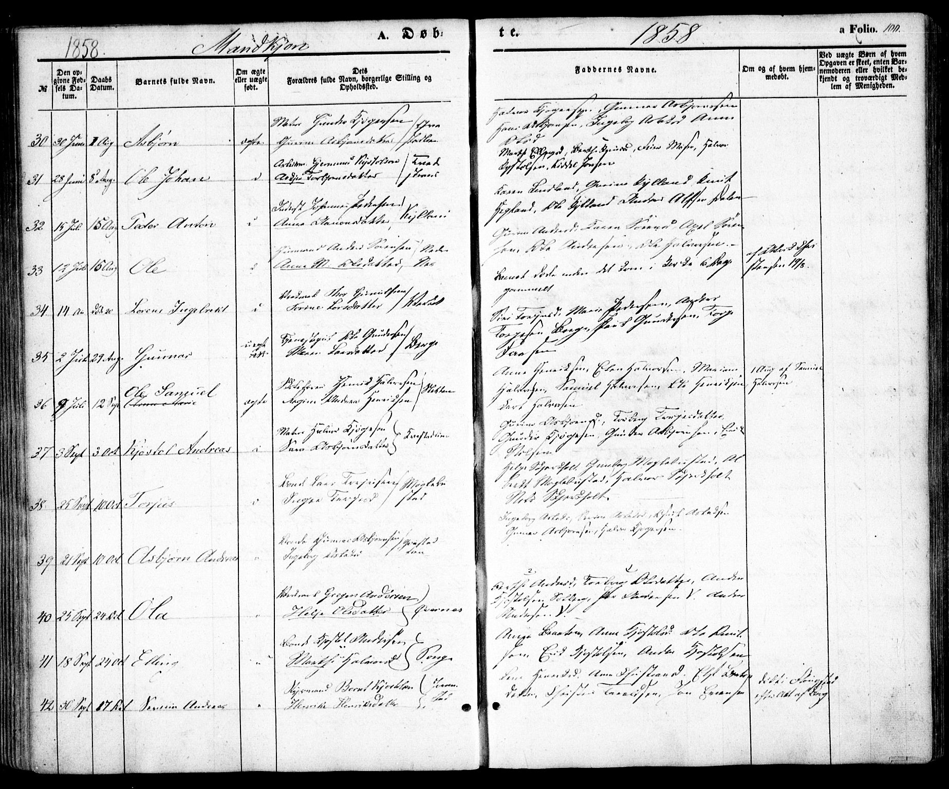 Holt sokneprestkontor, AV/SAK-1111-0021/F/Fa/L0008: Parish register (official) no. A 8, 1849-1860, p. 100