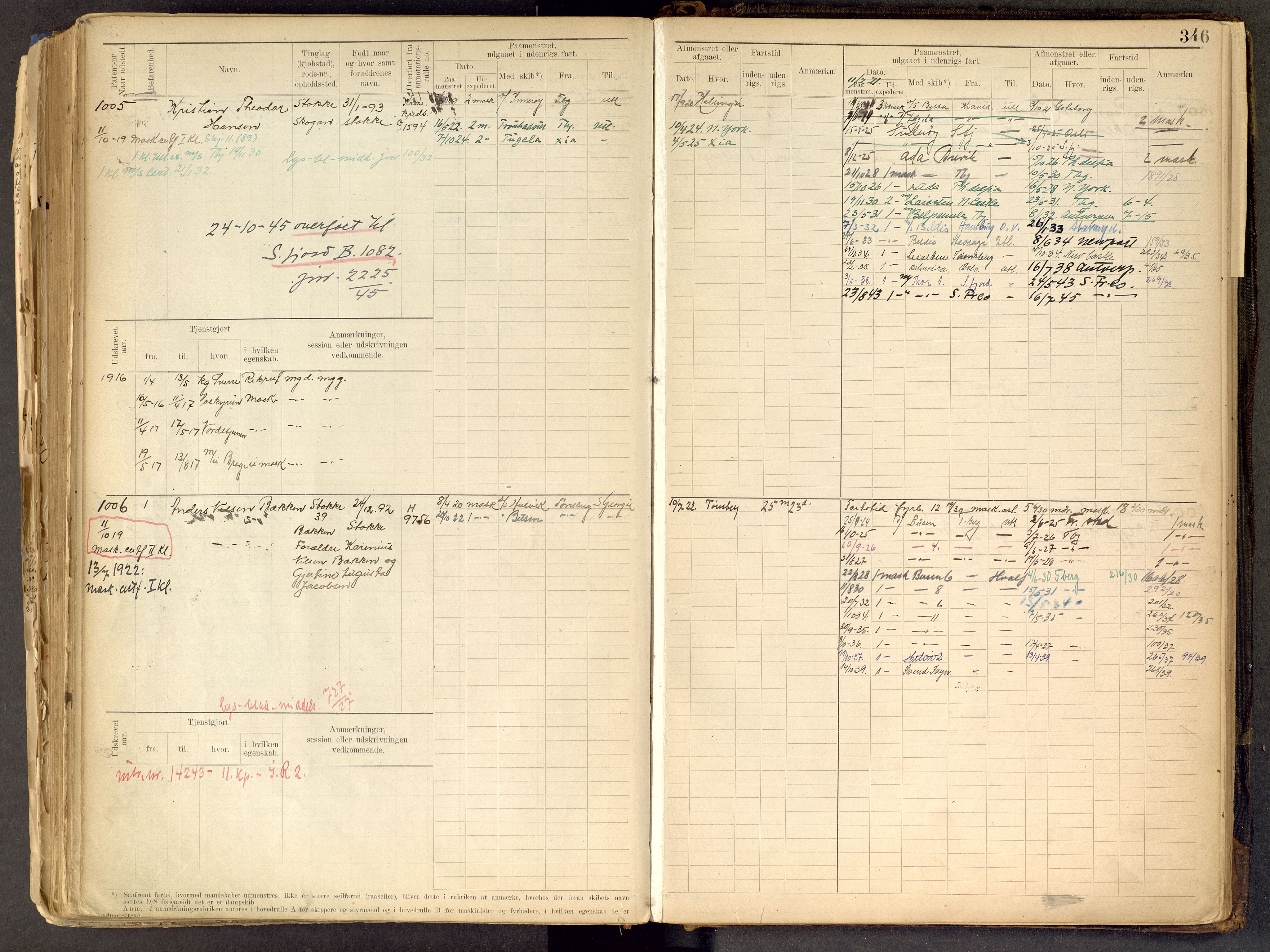 Tønsberg innrulleringskontor, AV/SAKO-A-786/F/Fe/L0002: Maskinist- og fyrbøterrulle Patent nr. 315-1110, 1902-1924, p. 346