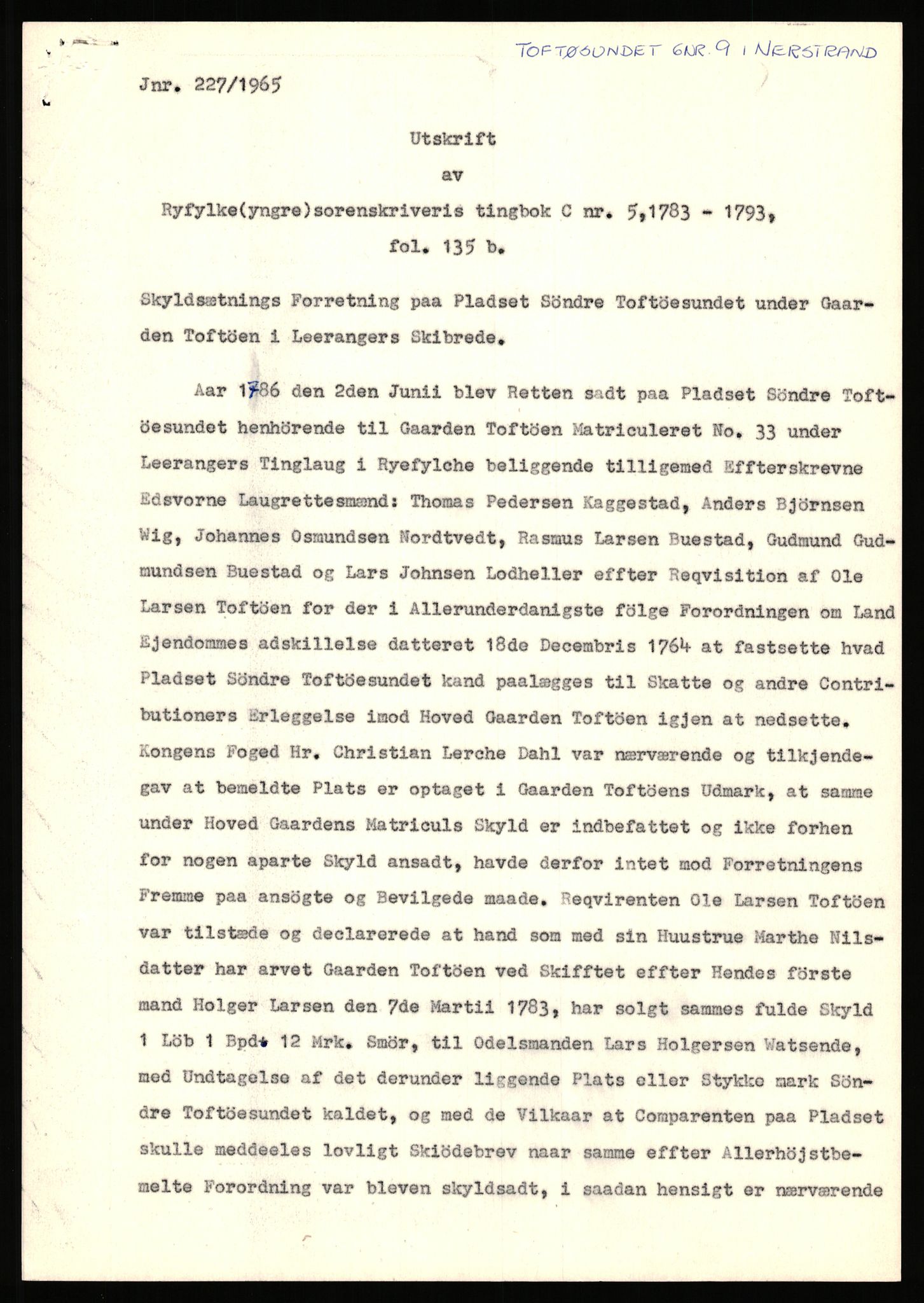 Statsarkivet i Stavanger, AV/SAST-A-101971/03/Y/Yj/L0088: Avskrifter sortert etter gårdsnavn: Todneim - Tuestad, 1750-1930, p. 54