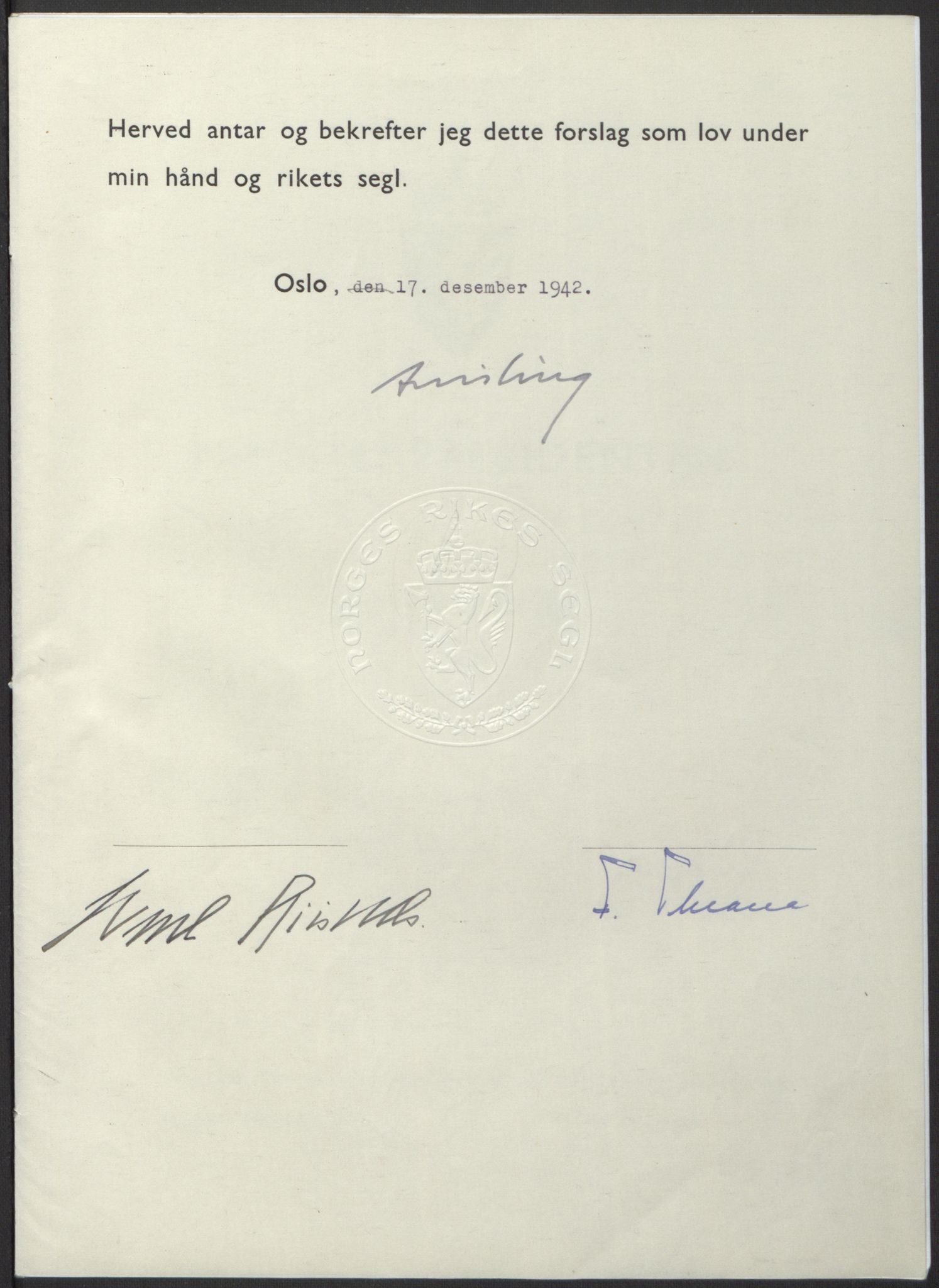 NS-administrasjonen 1940-1945 (Statsrådsekretariatet, de kommisariske statsråder mm), RA/S-4279/D/Db/L0098: Lover II, 1942, p. 576