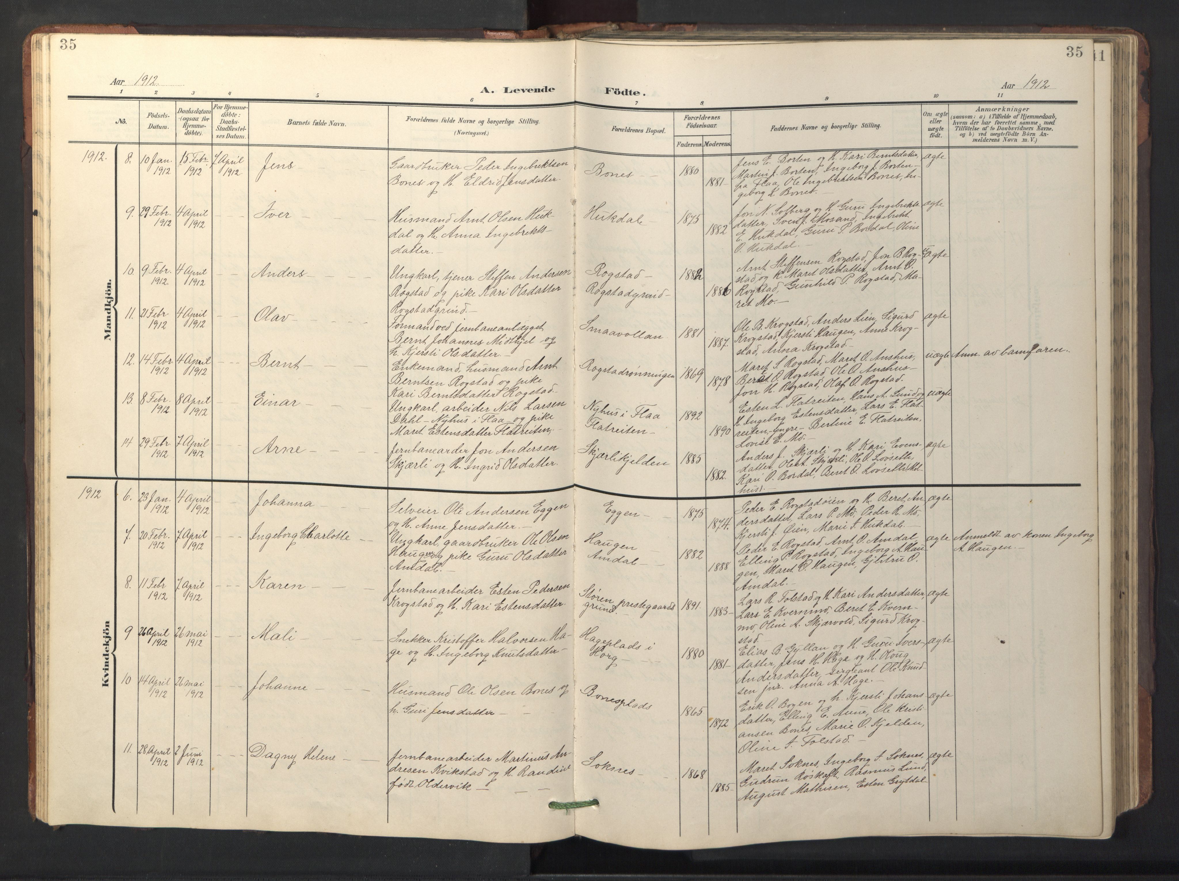 Ministerialprotokoller, klokkerbøker og fødselsregistre - Sør-Trøndelag, SAT/A-1456/687/L1019: Parish register (copy) no. 687C03, 1904-1931, p. 35