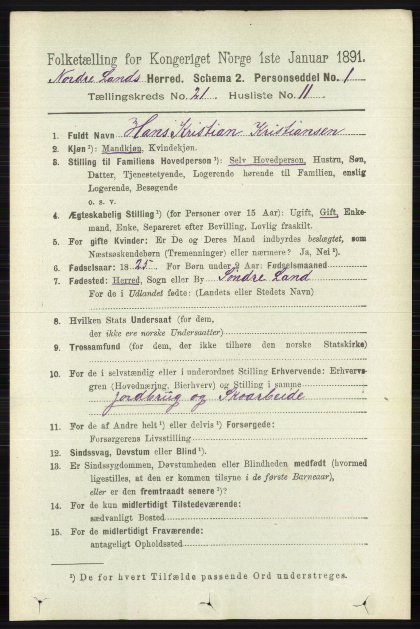 RA, 1891 census for 0538 Nordre Land, 1891, p. 5326