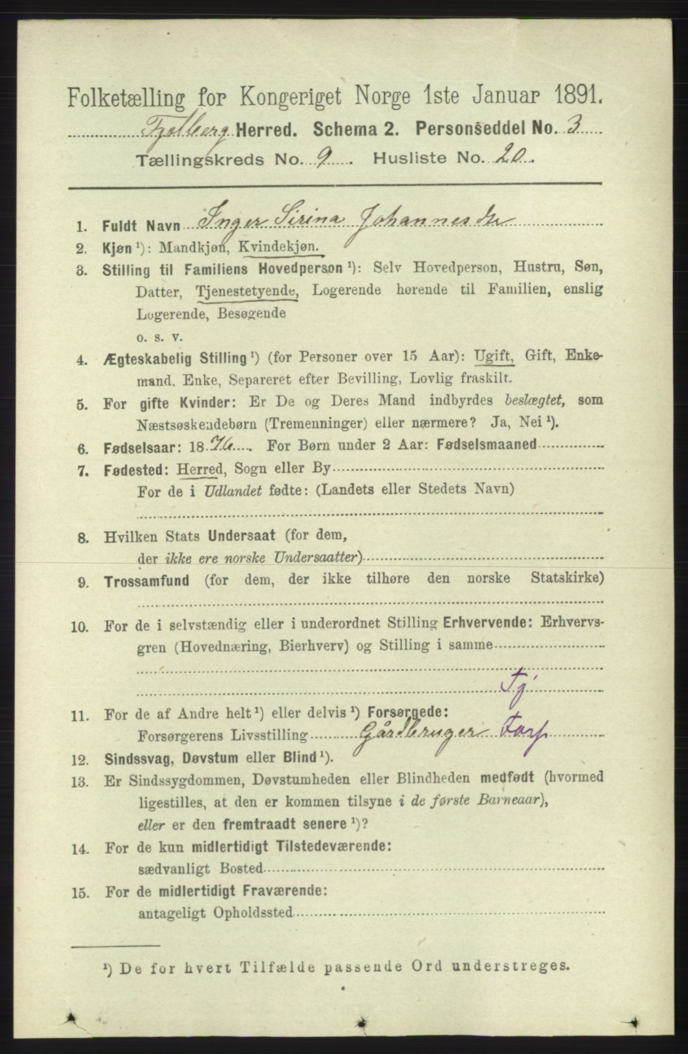 RA, 1891 census for 1213 Fjelberg, 1891, p. 3525
