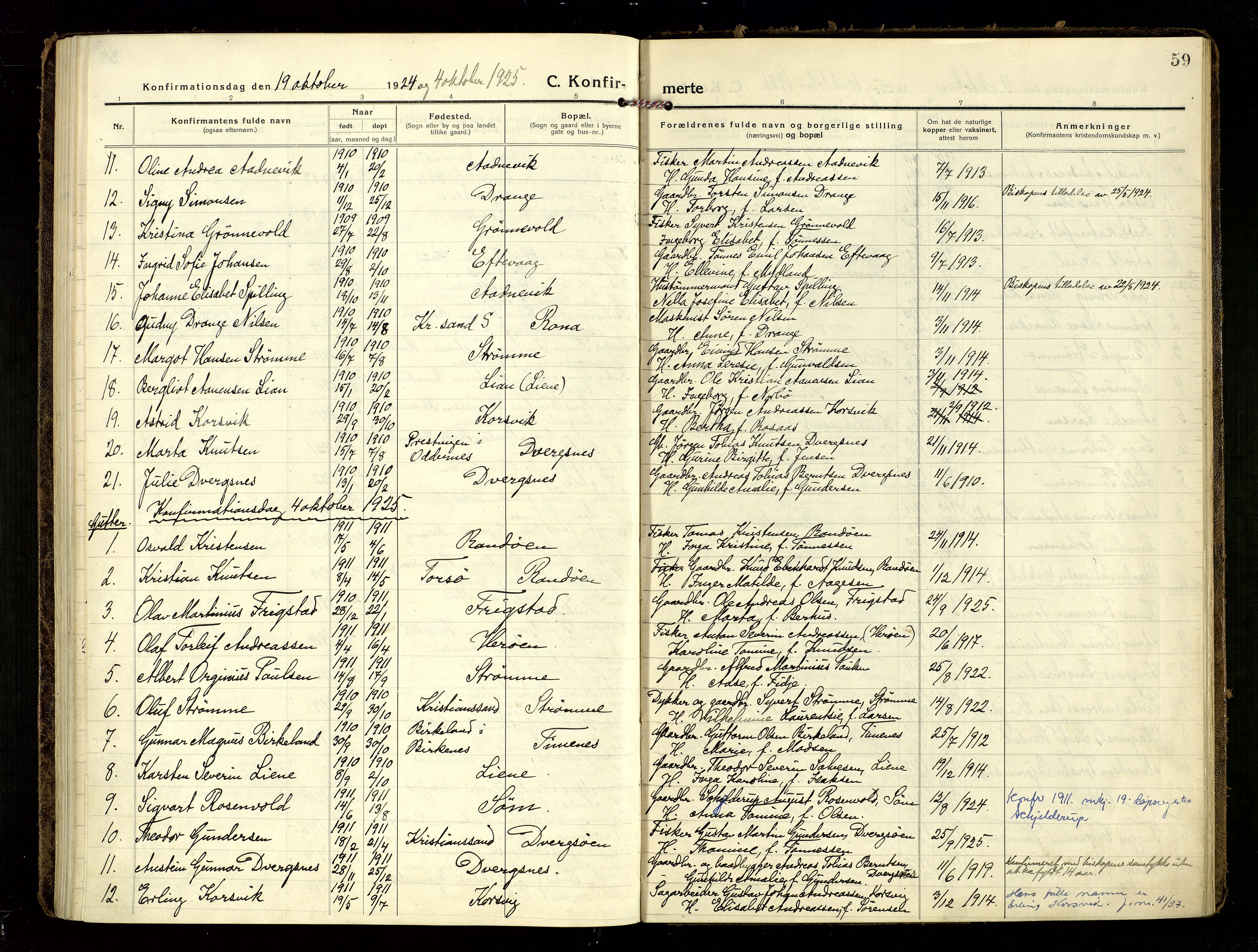 Oddernes sokneprestkontor, SAK/1111-0033/F/Fa/Fab/L0004: Parish register (official) no. A 4, 1916-1935, p. 59