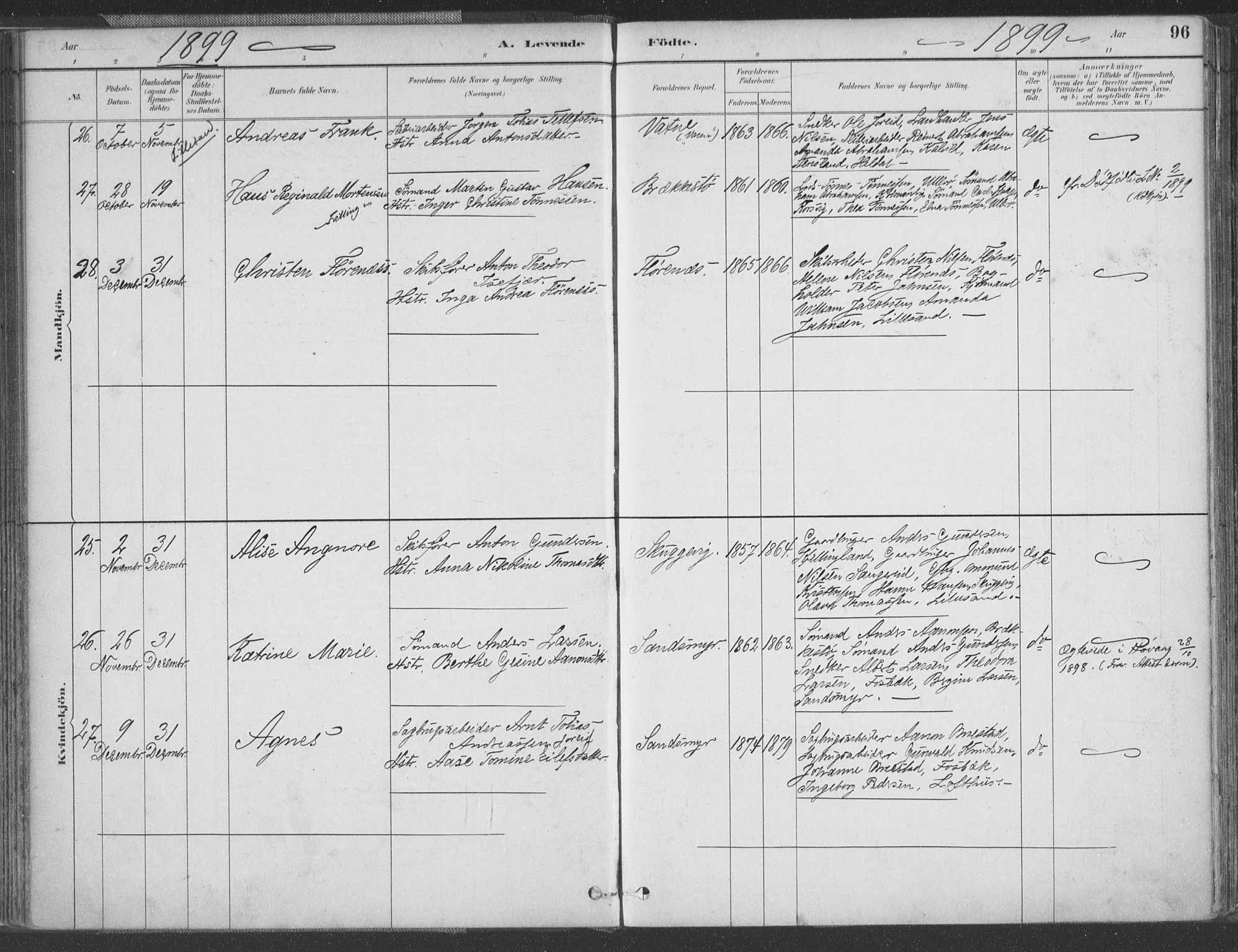 Vestre Moland sokneprestkontor, SAK/1111-0046/F/Fa/Fab/L0009: Parish register (official) no. A 9, 1884-1899, p. 96