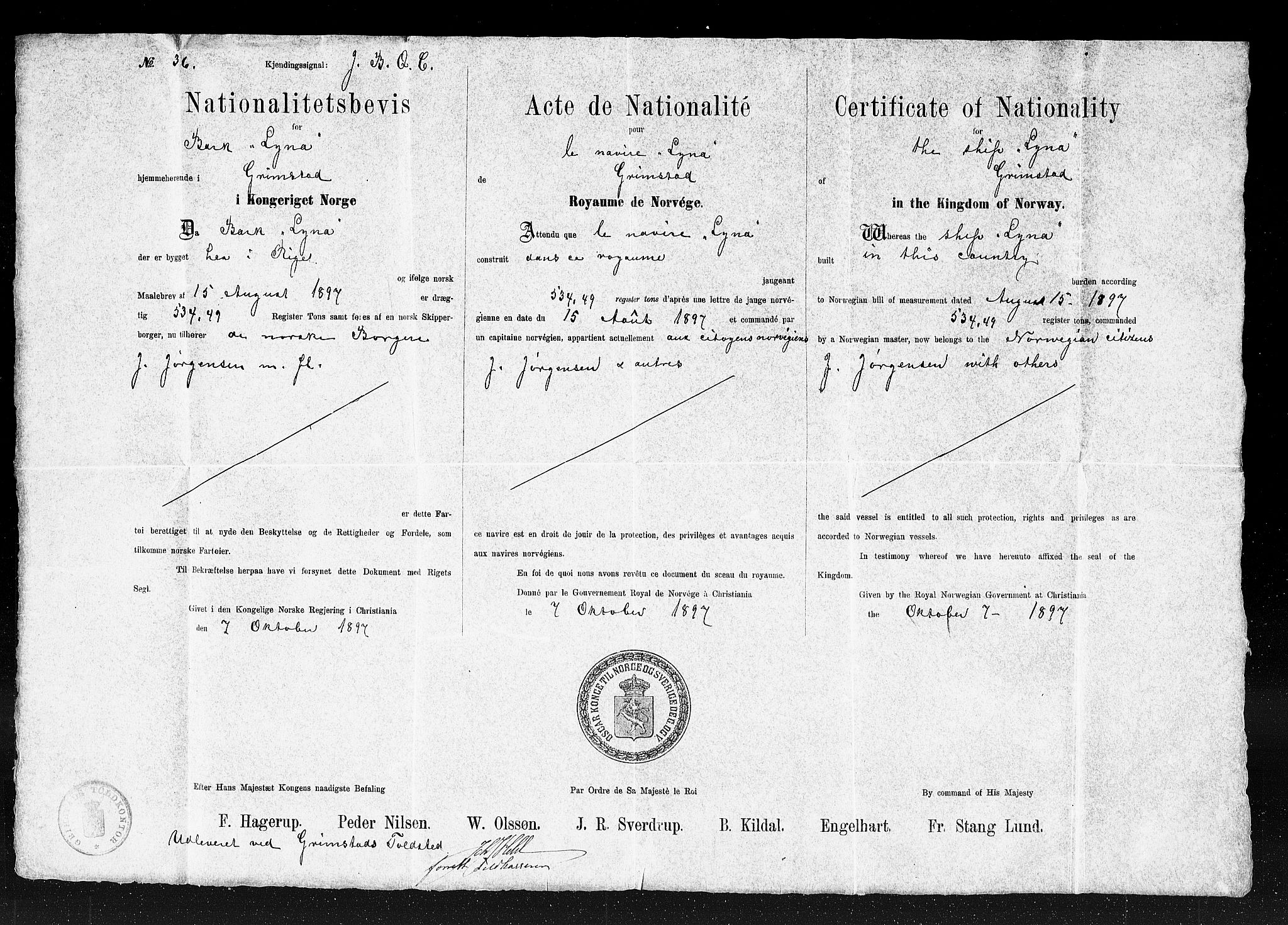 Grimstad tollsted, AV/SAK-1351-0006/H/Ha/L0204: Målebrev, 1904-1912, p. 5