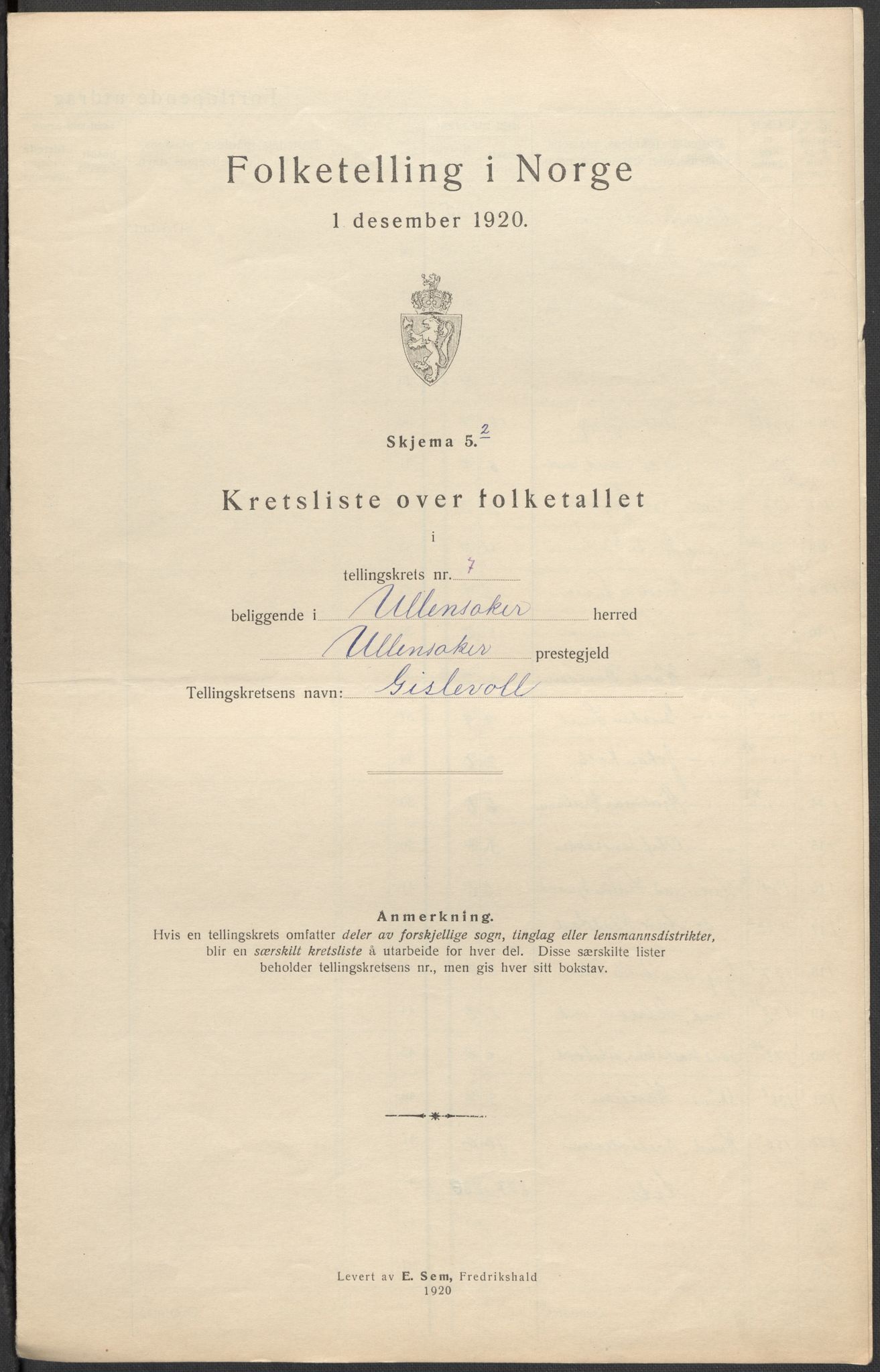 SAO, 1920 census for Ullensaker, 1920, p. 45