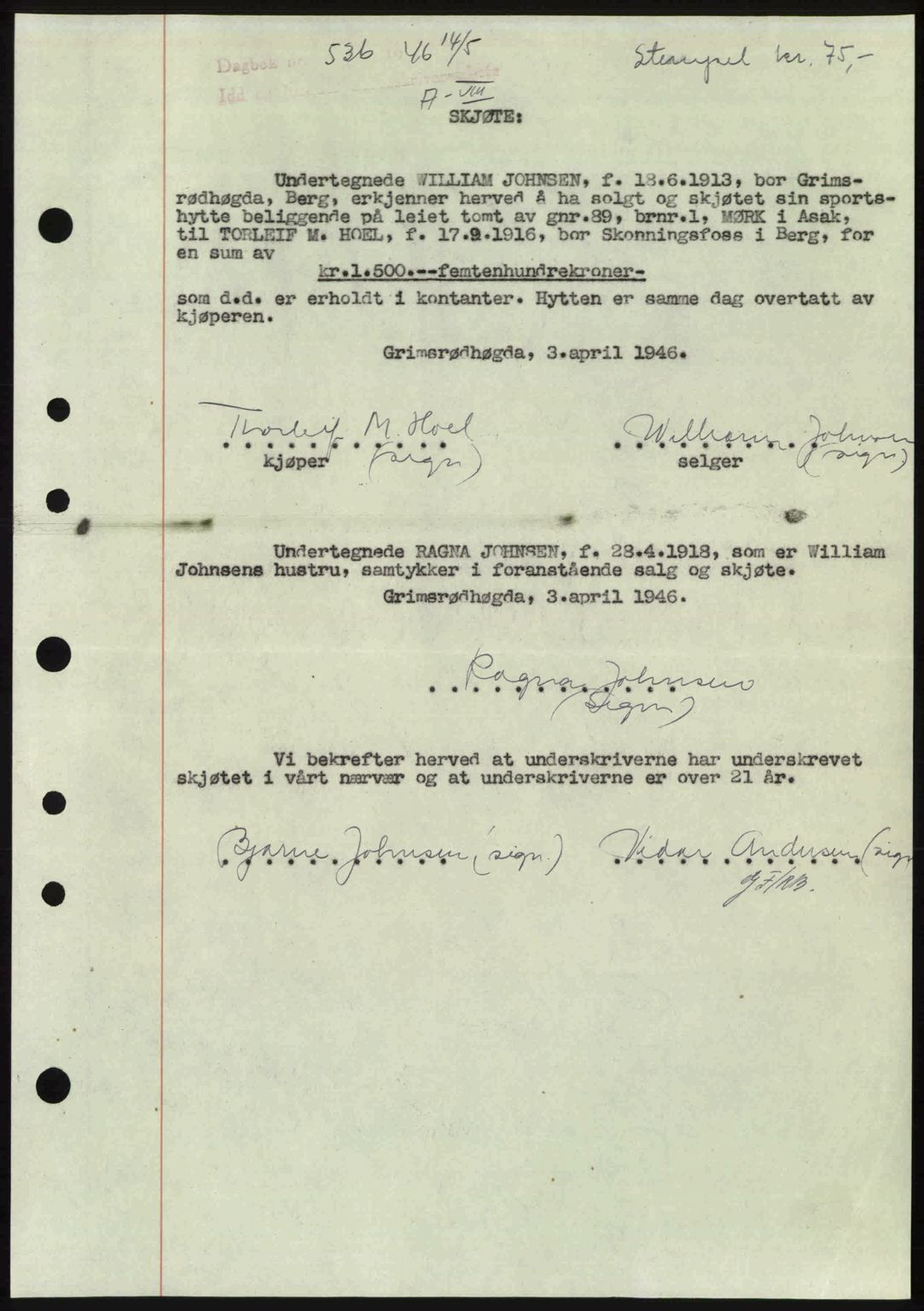 Idd og Marker sorenskriveri, AV/SAO-A-10283/G/Gb/Gbb/L0008: Mortgage book no. A8, 1946-1946, Diary no: : 536/1946