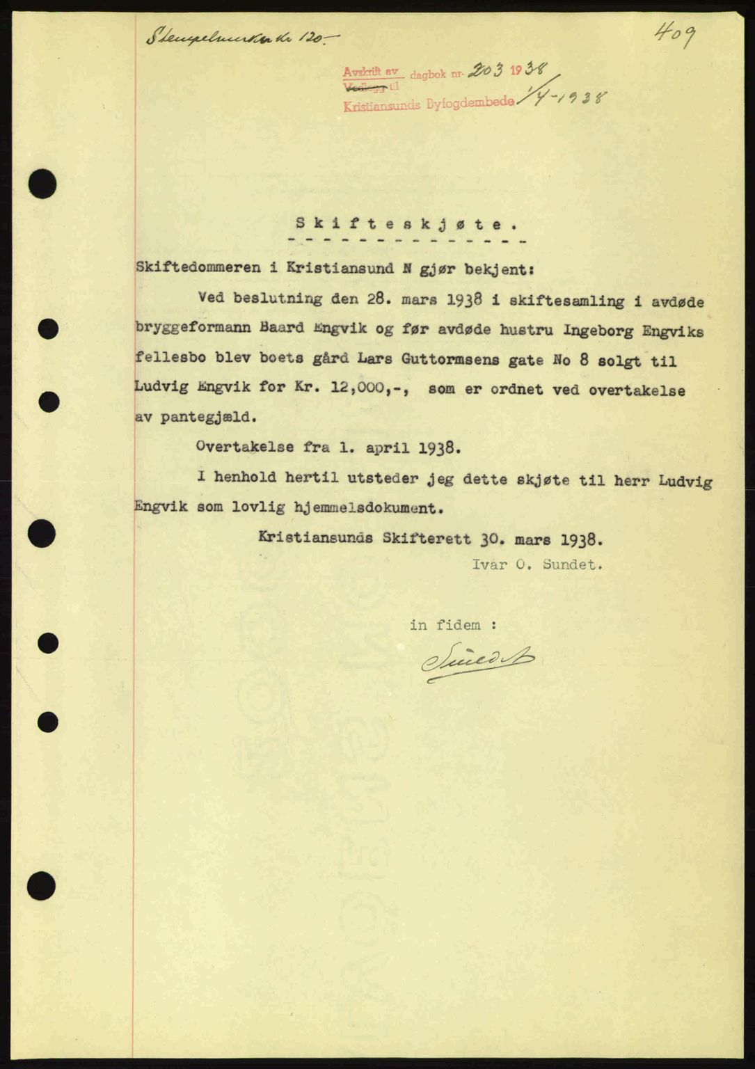 Kristiansund byfogd, AV/SAT-A-4587/A/27: Mortgage book no. 30, 1936-1941, Diary no: : 203/1938