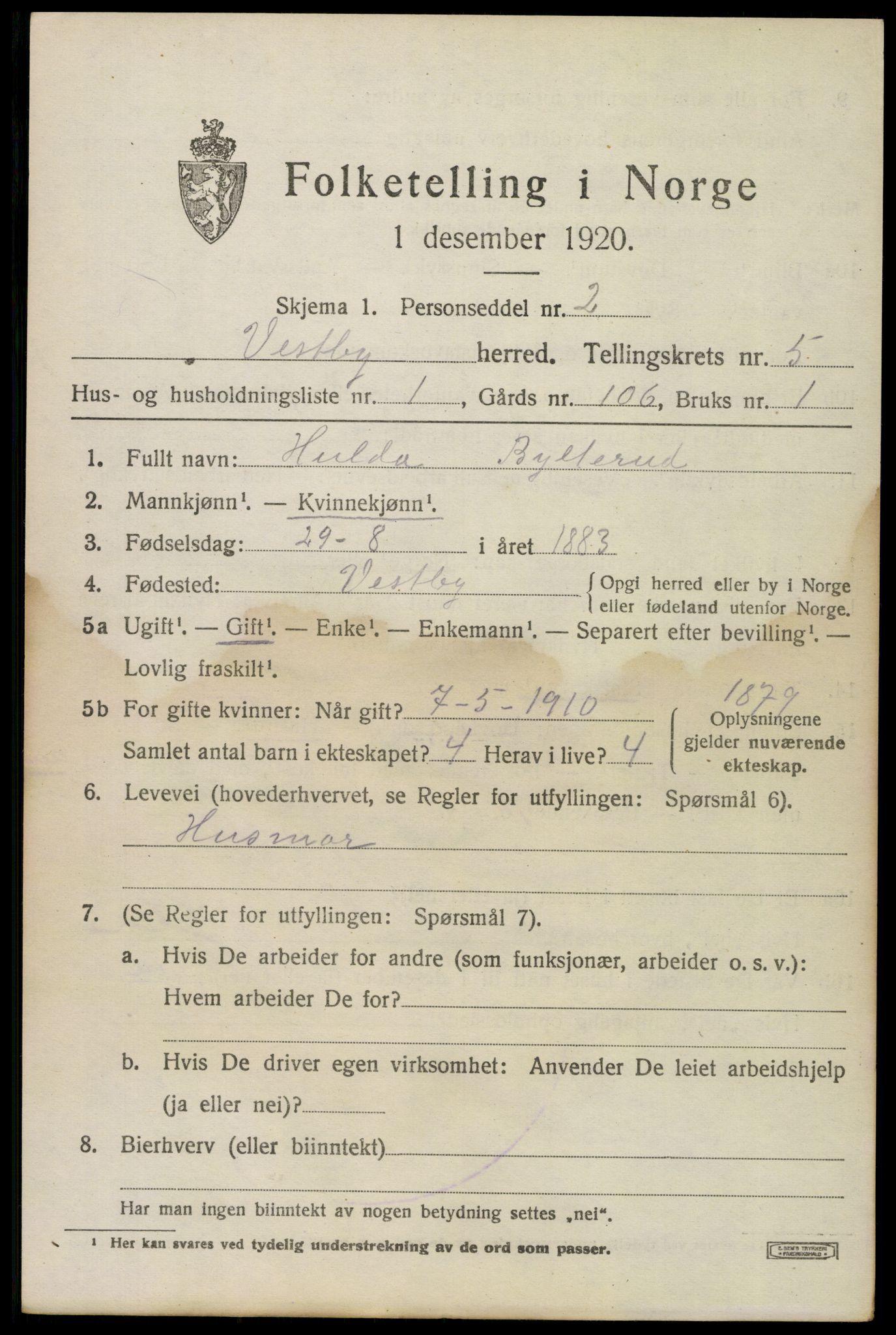 SAO, 1920 census for Vestby, 1920, p. 5279