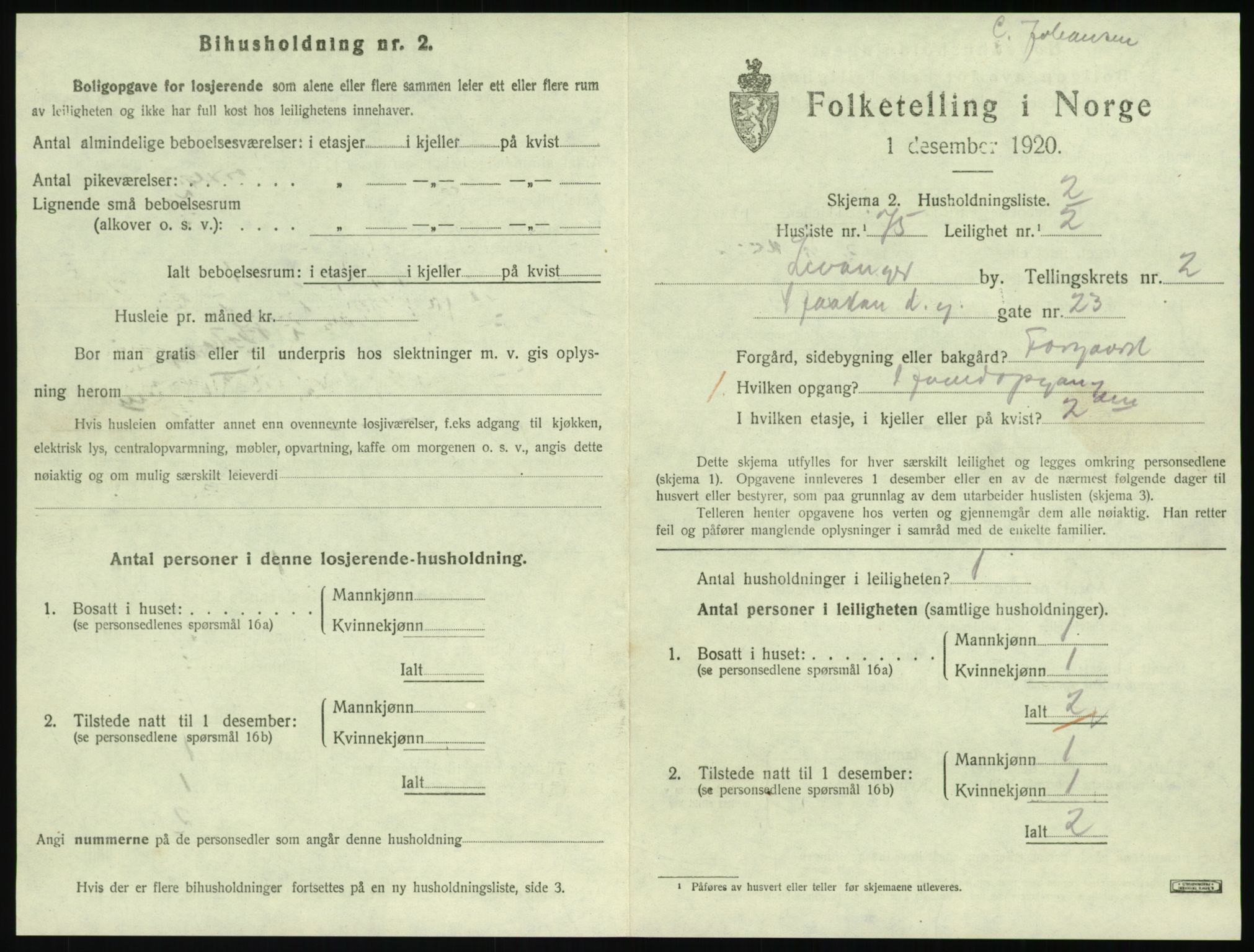 SAT, 1920 census for Levanger town, 1920, p. 1098