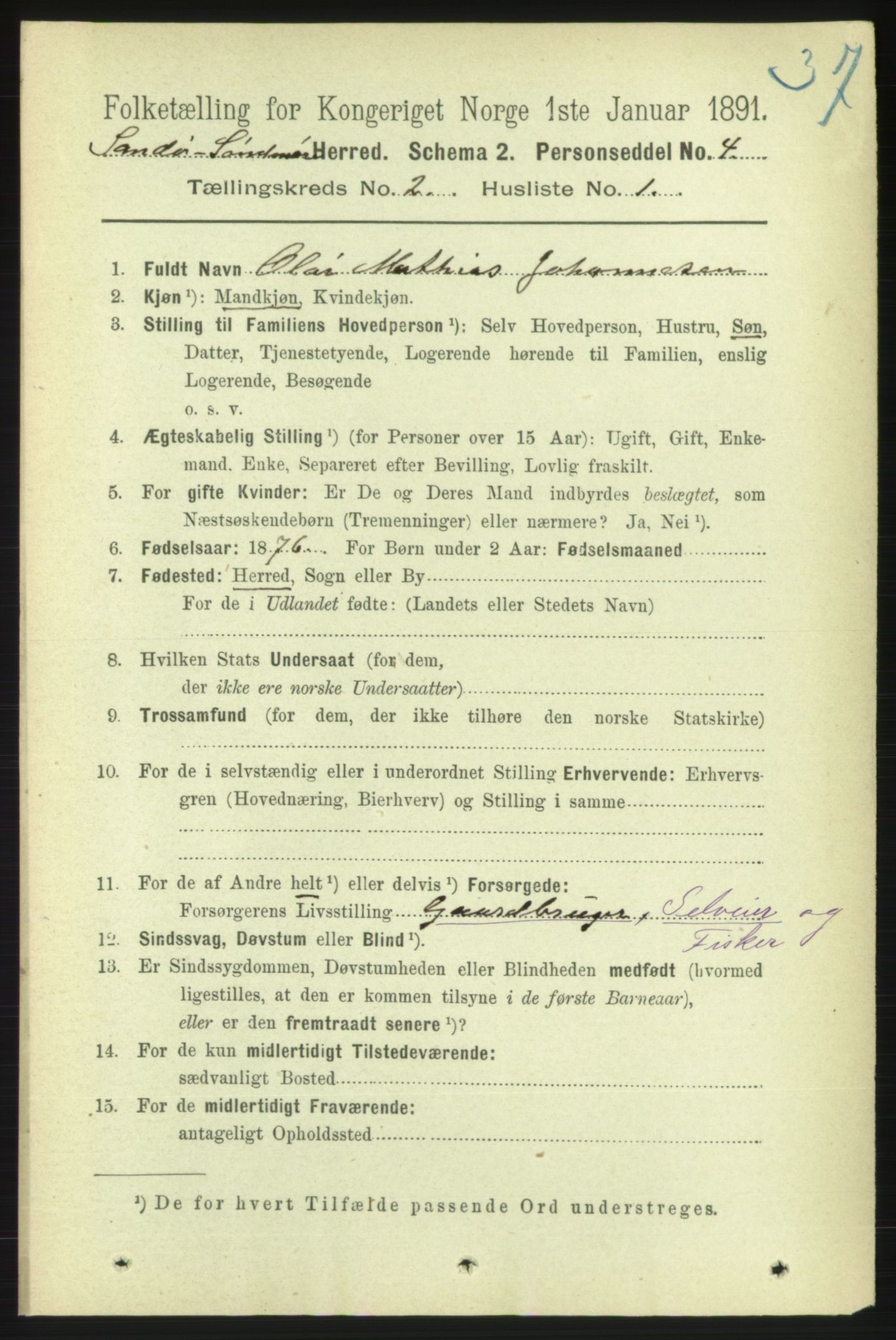 RA, 1891 census for 1514 Sande, 1891, p. 188