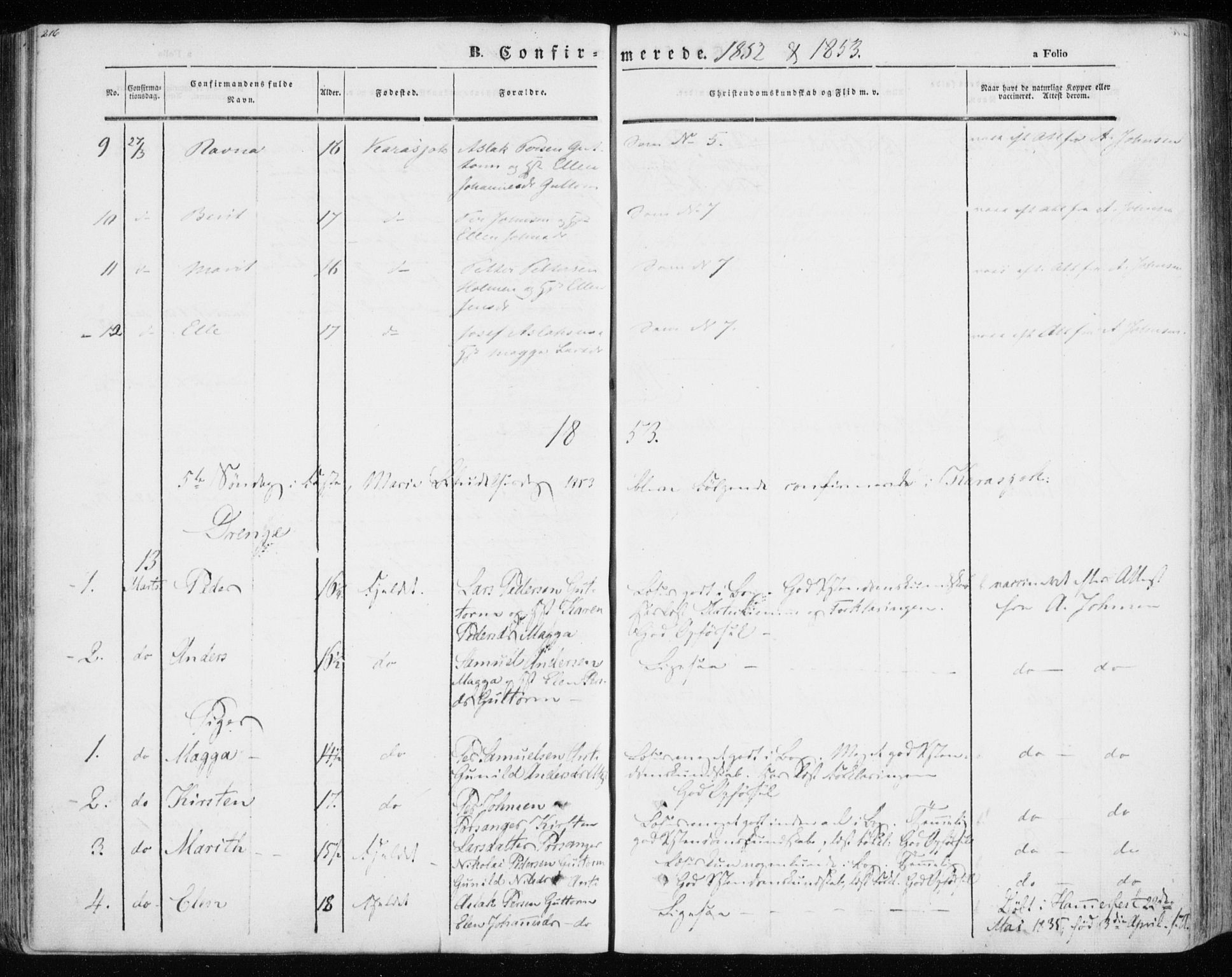 Kistrand/Porsanger sokneprestembete, SATØ/S-1351/H/Ha/L0012.kirke: Parish register (official) no. 12, 1843-1871, p. 216-217