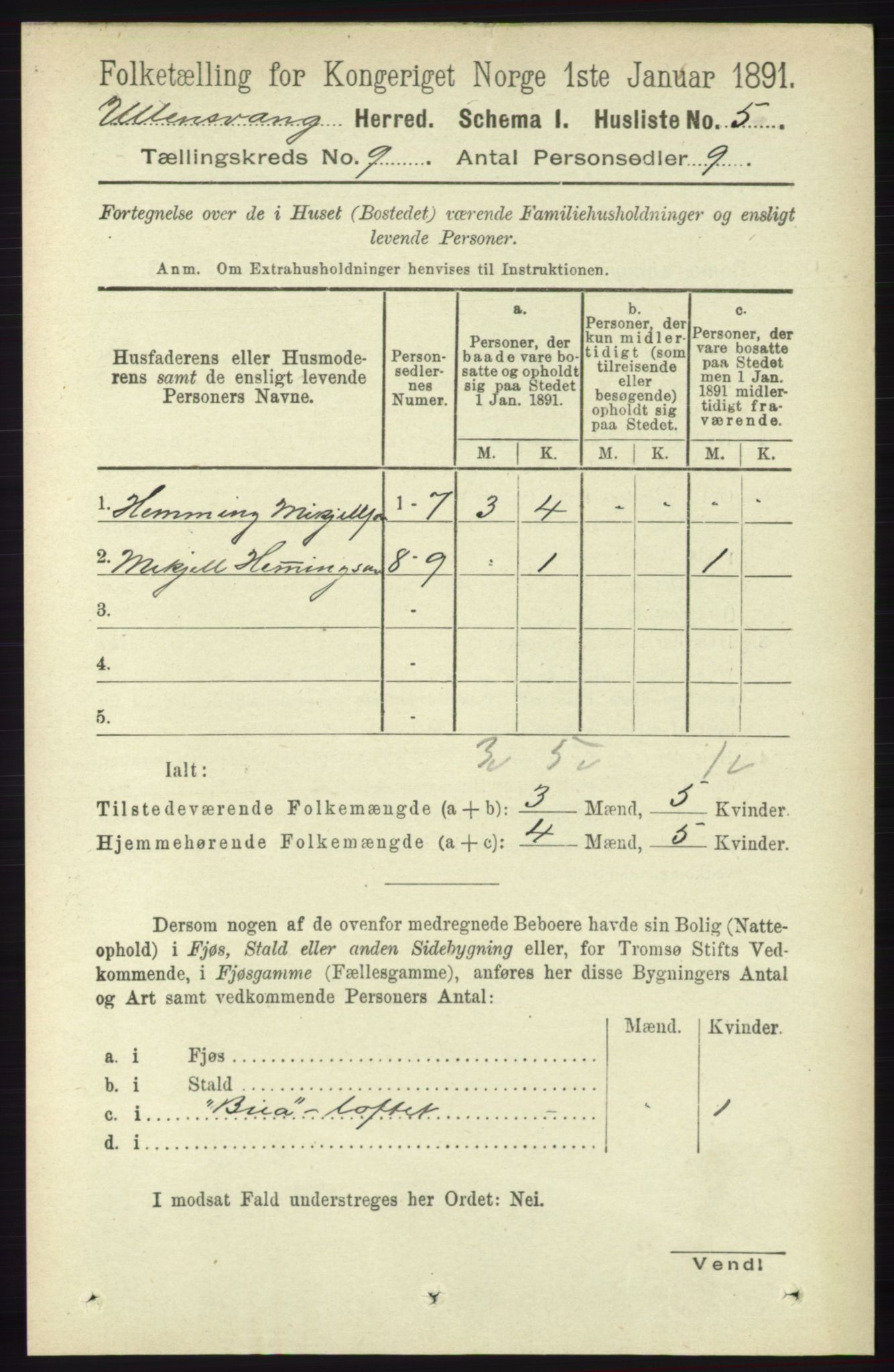 RA, 1891 census for 1230 Ullensvang, 1891, p. 3075