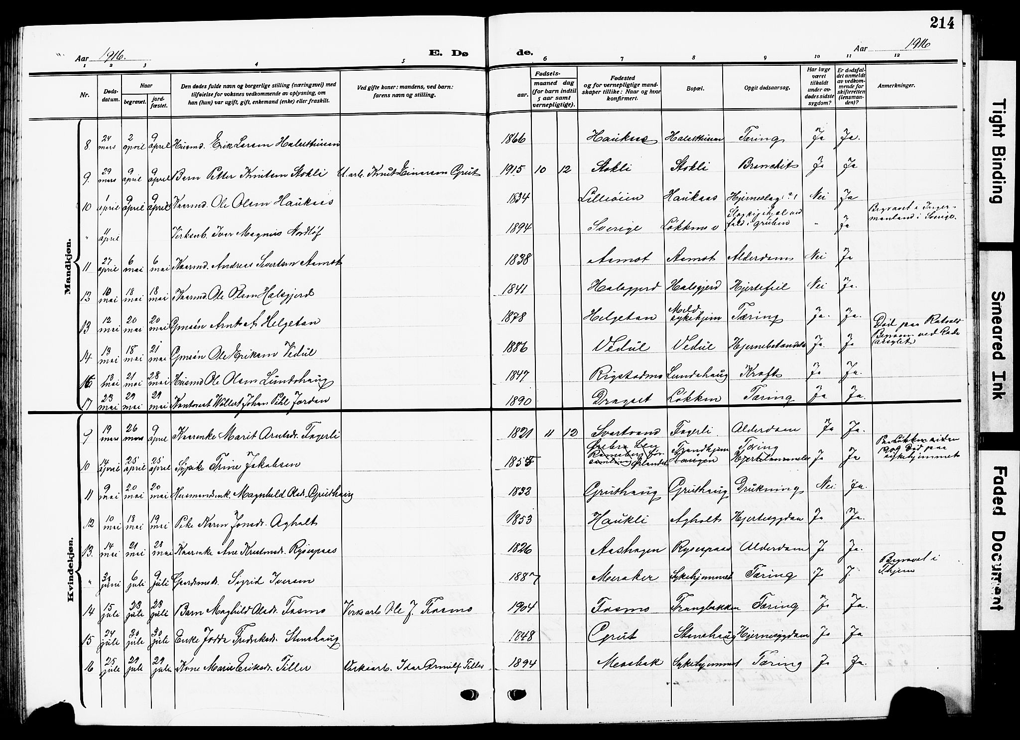 Ministerialprotokoller, klokkerbøker og fødselsregistre - Sør-Trøndelag, AV/SAT-A-1456/672/L0865: Parish register (copy) no. 672C04, 1914-1928, p. 214