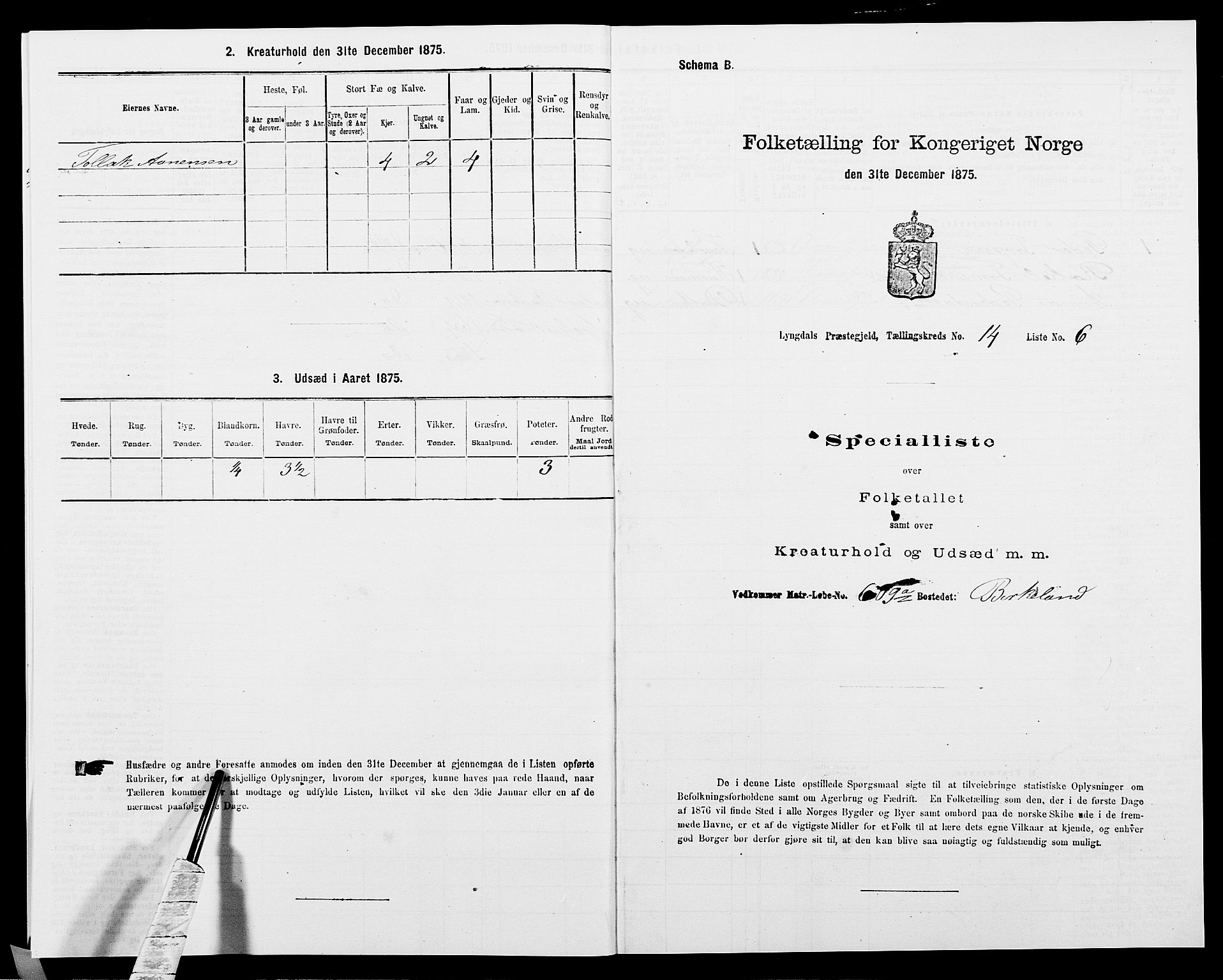 SAK, 1875 census for 1032P Lyngdal, 1875, p. 2025