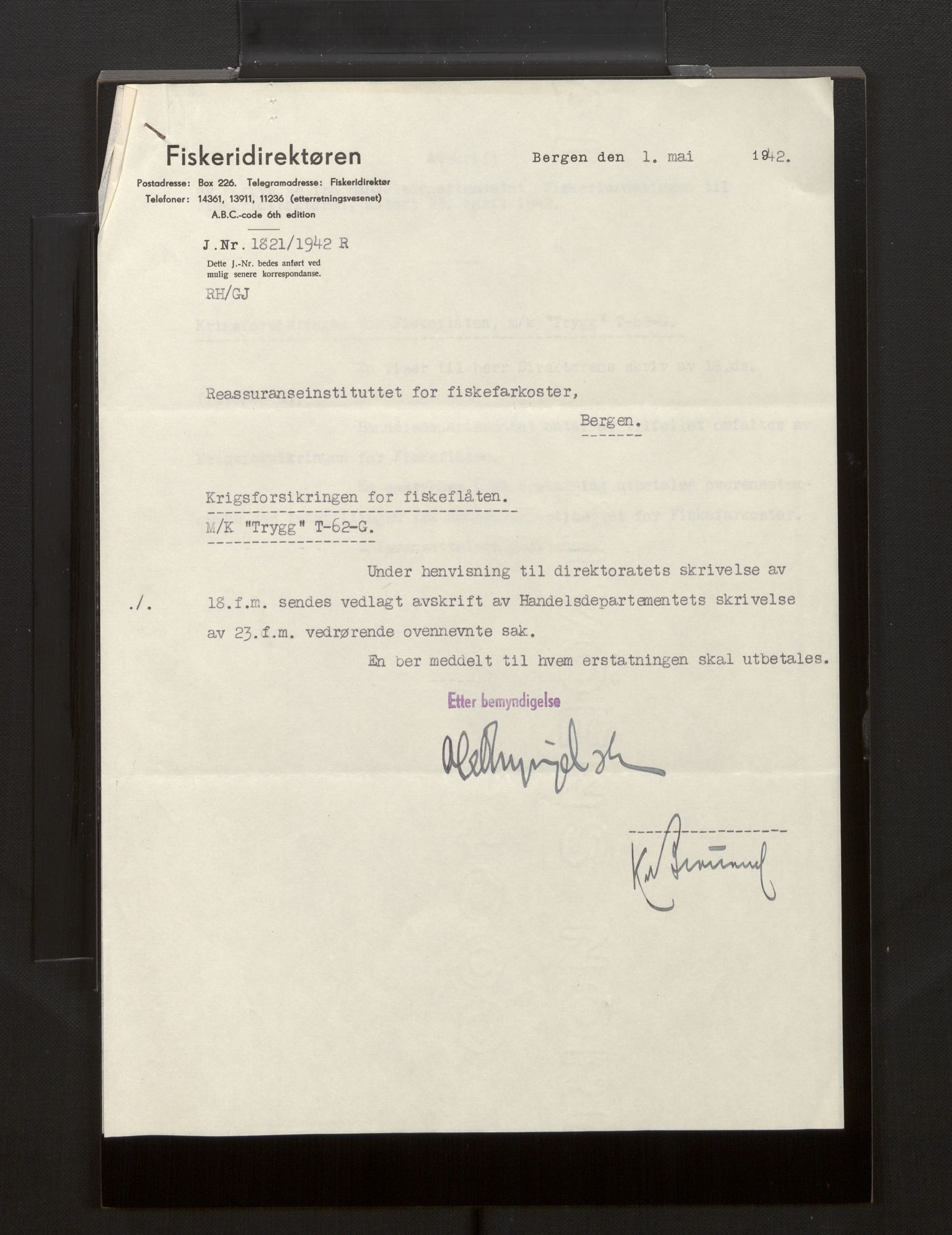 Fiskeridirektoratet - 1 Adm. ledelse - 13 Båtkontoret, AV/SAB-A-2003/La/L0008: Statens krigsforsikring for fiskeflåten, 1936-1971, p. 313