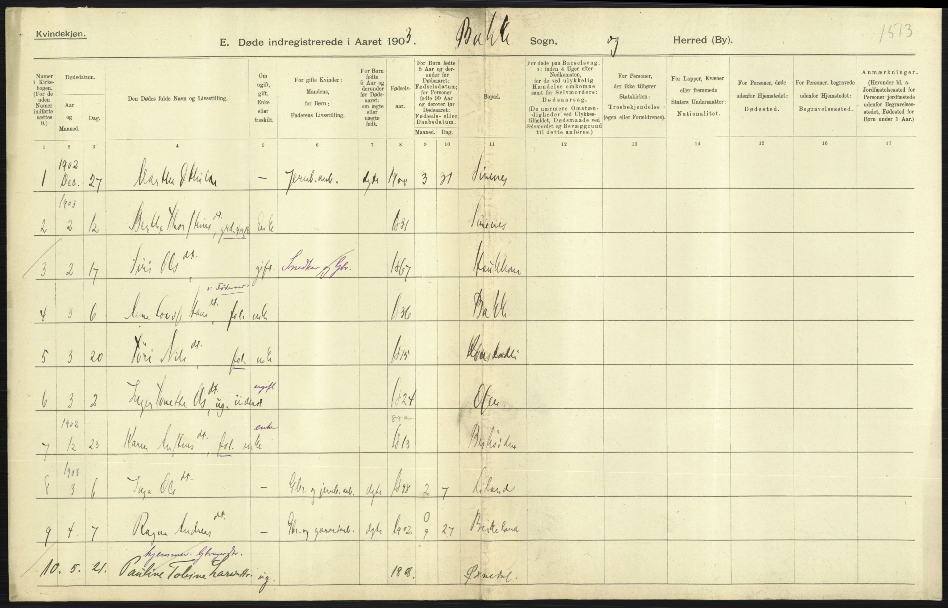 Statistisk sentralbyrå, Sosiodemografiske emner, Befolkning, AV/RA-S-2228/D/Df/Dfa/Dfaa/L0011: Lister og Mandal amt: Fødte, gifte, døde, 1903, p. 369