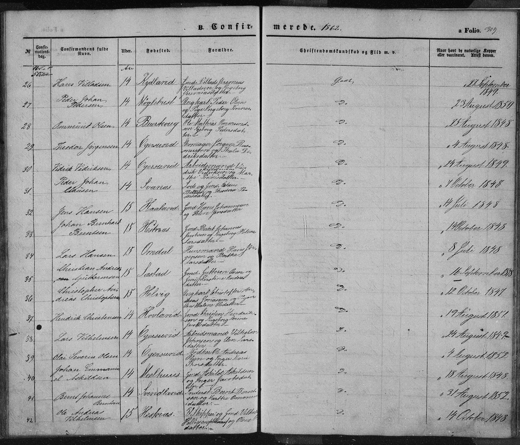 Eigersund sokneprestkontor, AV/SAST-A-101807/S08/L0012: Parish register (official) no. A 12.1, 1850-1865, p. 309