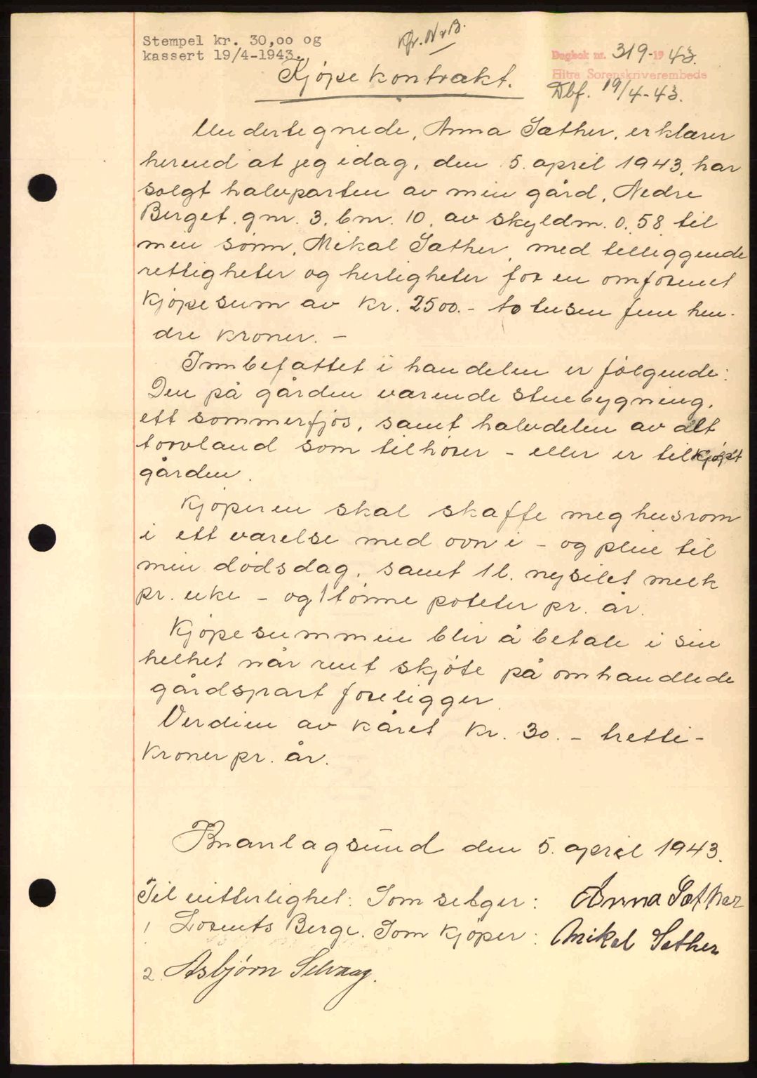 Hitra sorenskriveri, AV/SAT-A-0018/2/2C/2Ca: Mortgage book no. B1, 1939-1949, Diary no: : 319/1943