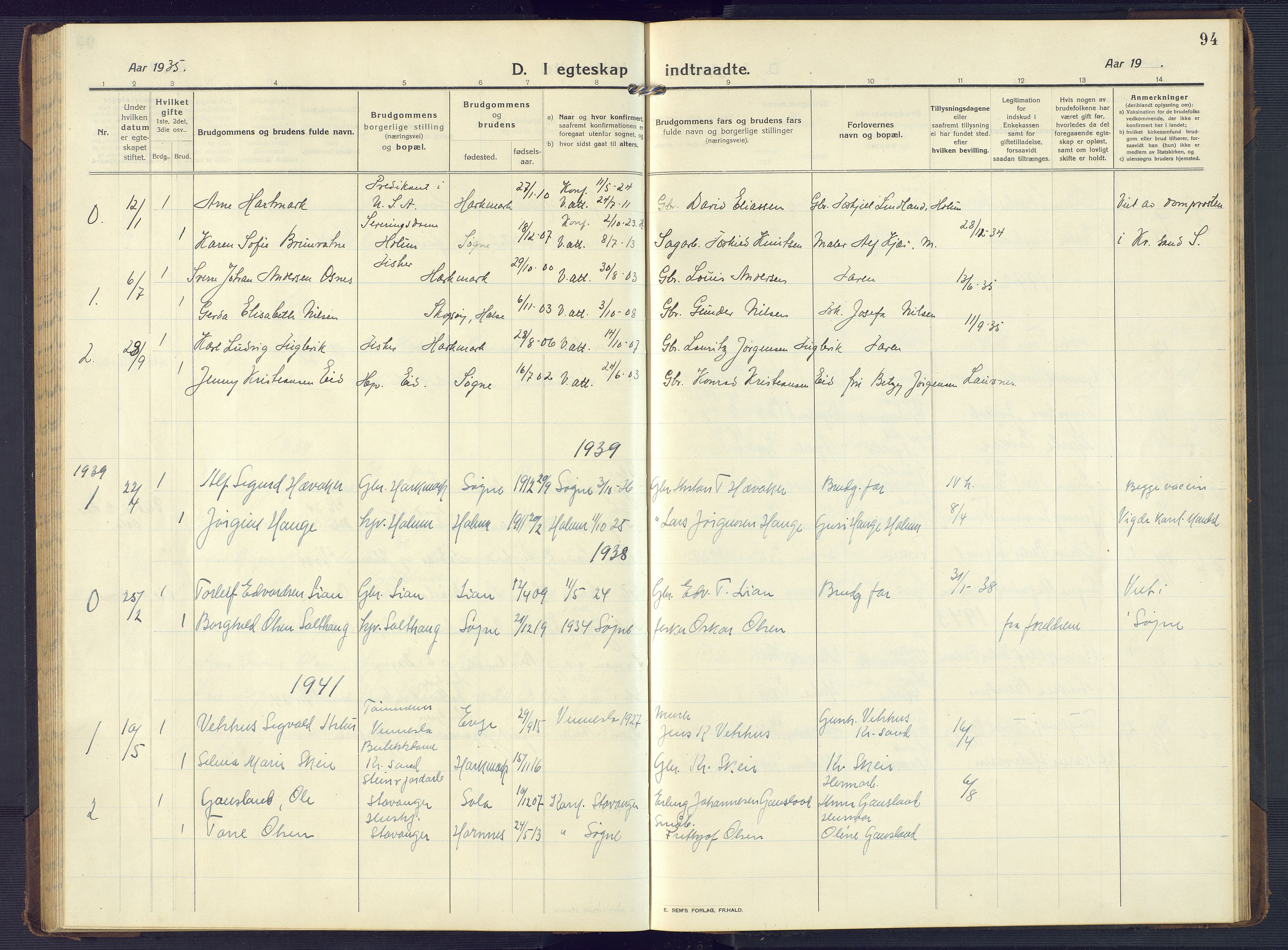 Mandal sokneprestkontor, SAK/1111-0030/F/Fb/Fbb/L0005: Parish register (copy) no. B 5, 1913-1957, p. 94