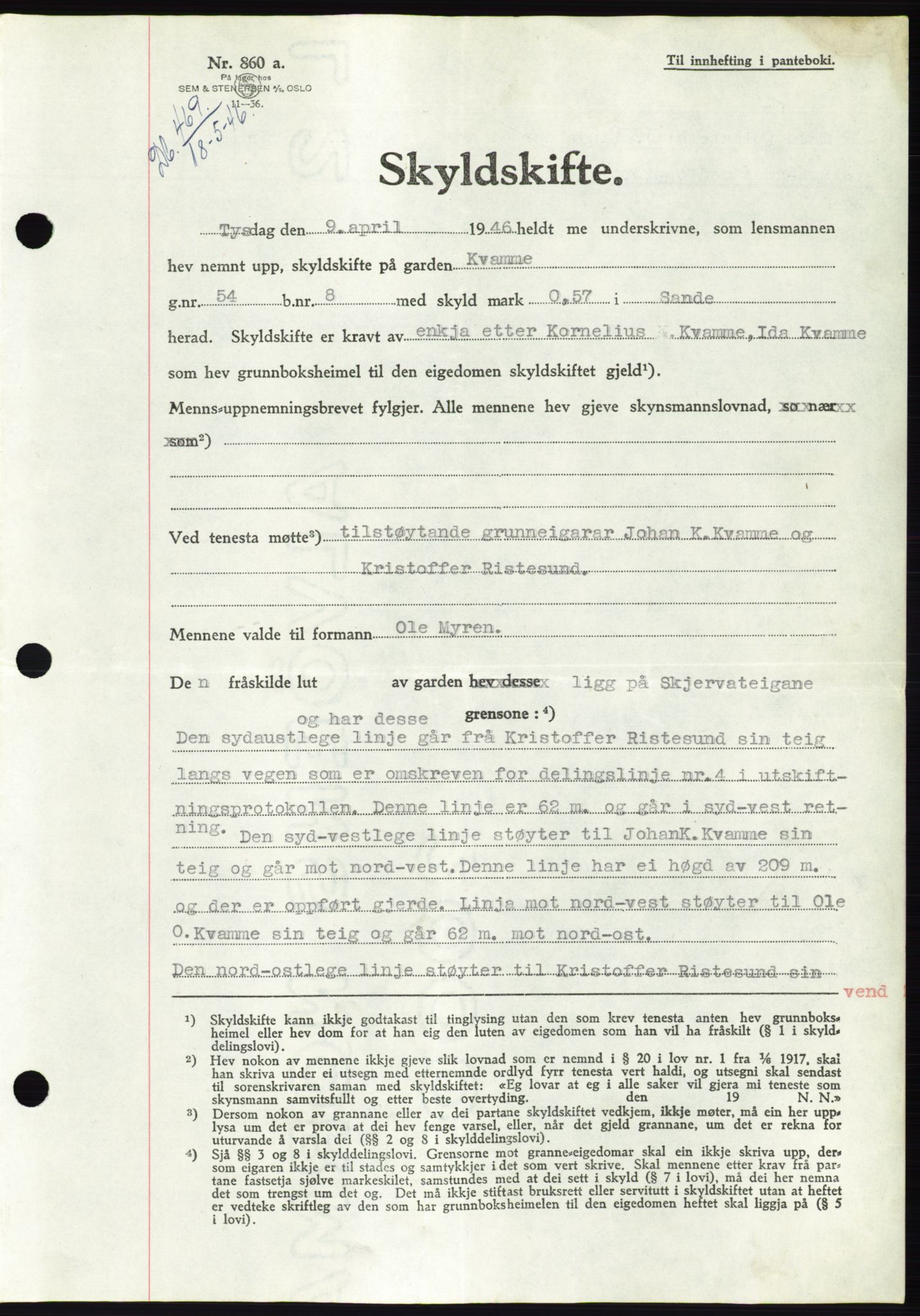 Søre Sunnmøre sorenskriveri, AV/SAT-A-4122/1/2/2C/L0078: Mortgage book no. 4A, 1946-1946, Diary no: : 469/1946