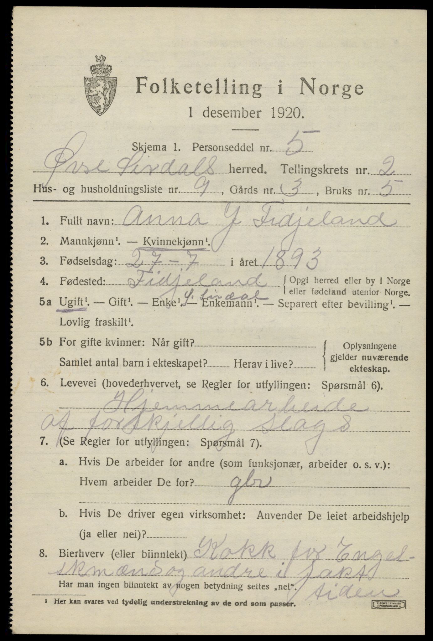 SAK, 1920 census for Øvre Sirdal, 1920, p. 529