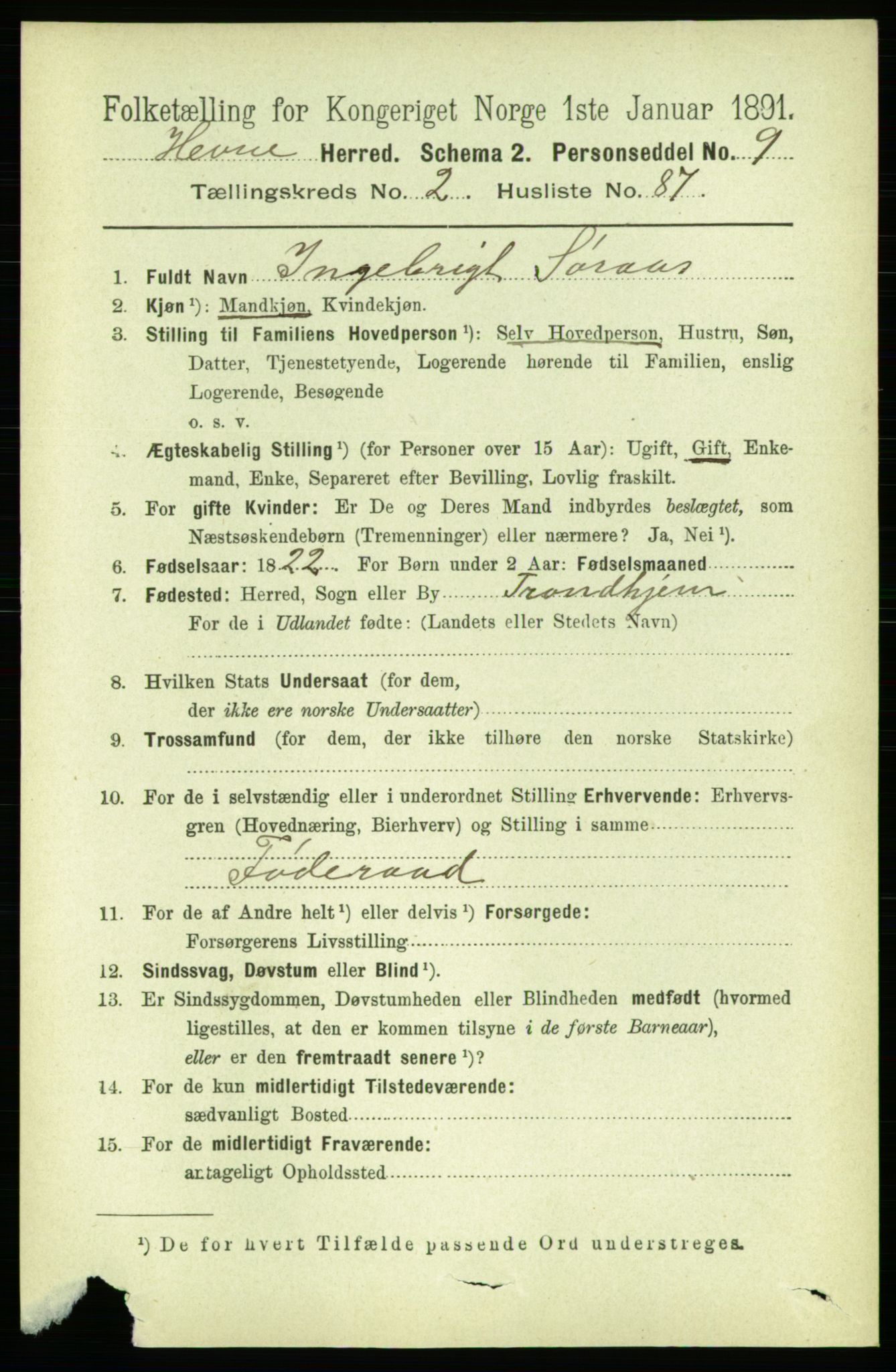 RA, 1891 census for 1612 Hemne, 1891, p. 1310