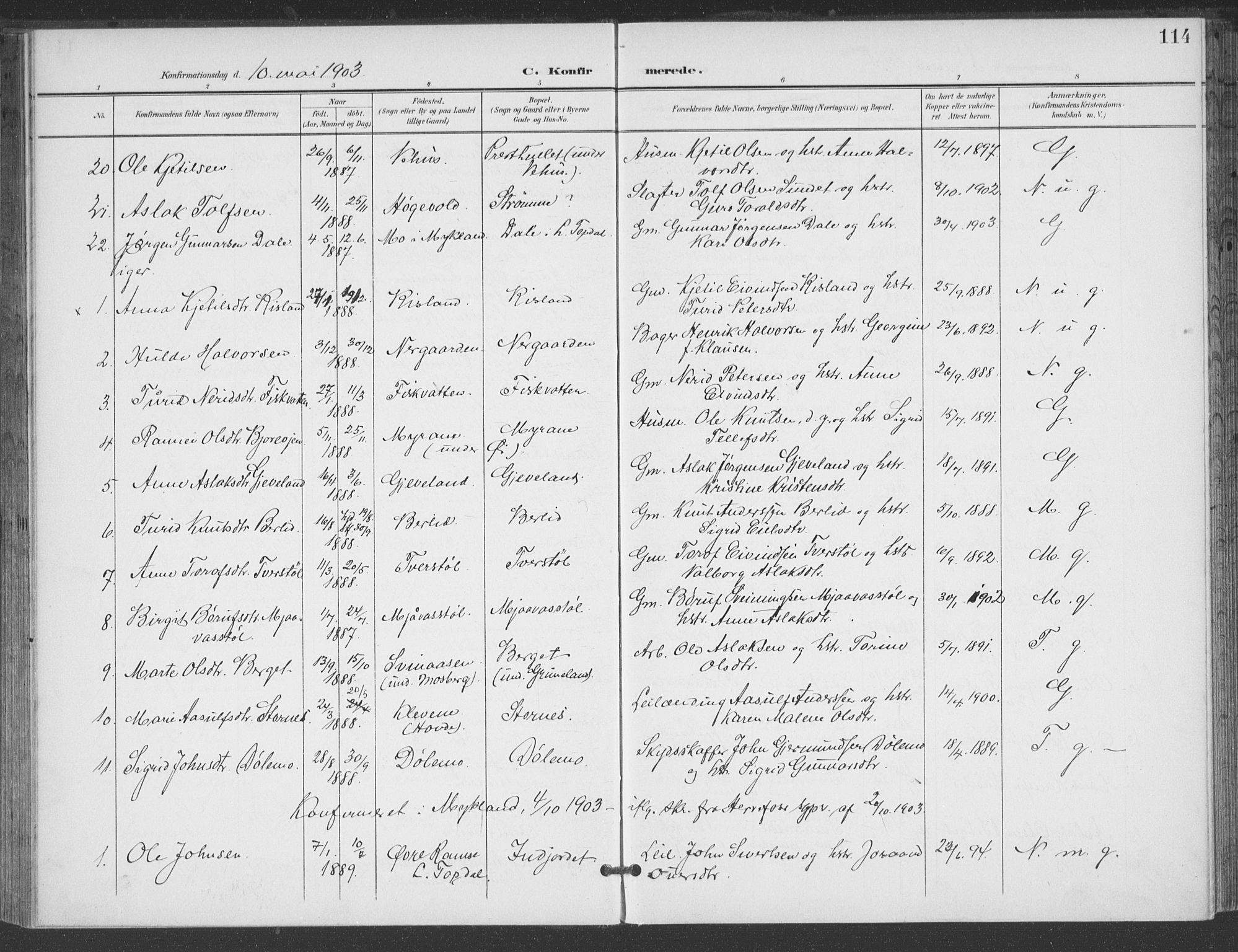 Åmli sokneprestkontor, AV/SAK-1111-0050/F/Fa/Fac/L0012: Parish register (official) no. A 12, 1900-1914, p. 114