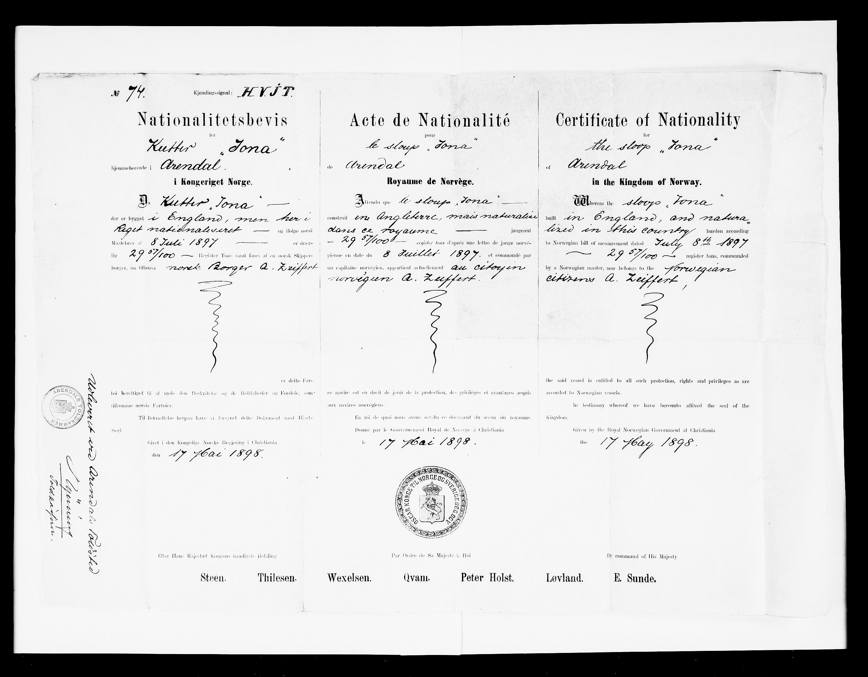 Arendal tollsted, AV/SAK-1351-0003/H/Ha/L0896: Legitimasjonsbevis for fartøyer i innenriksfart, 1886-1948, p. 370