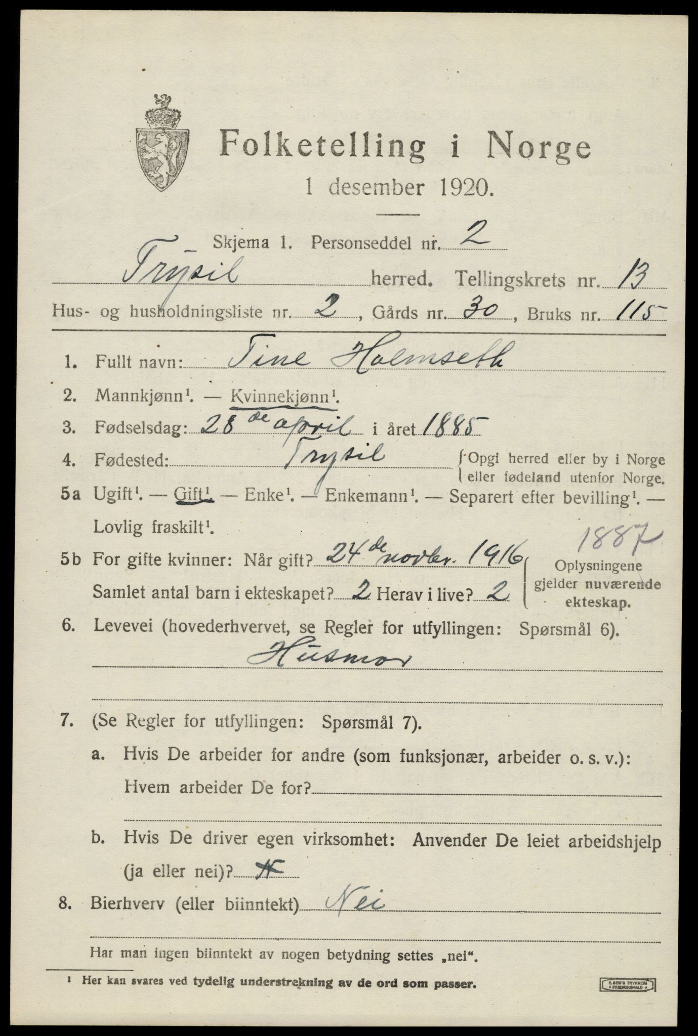 SAH, 1920 census for Trysil, 1920, p. 7639