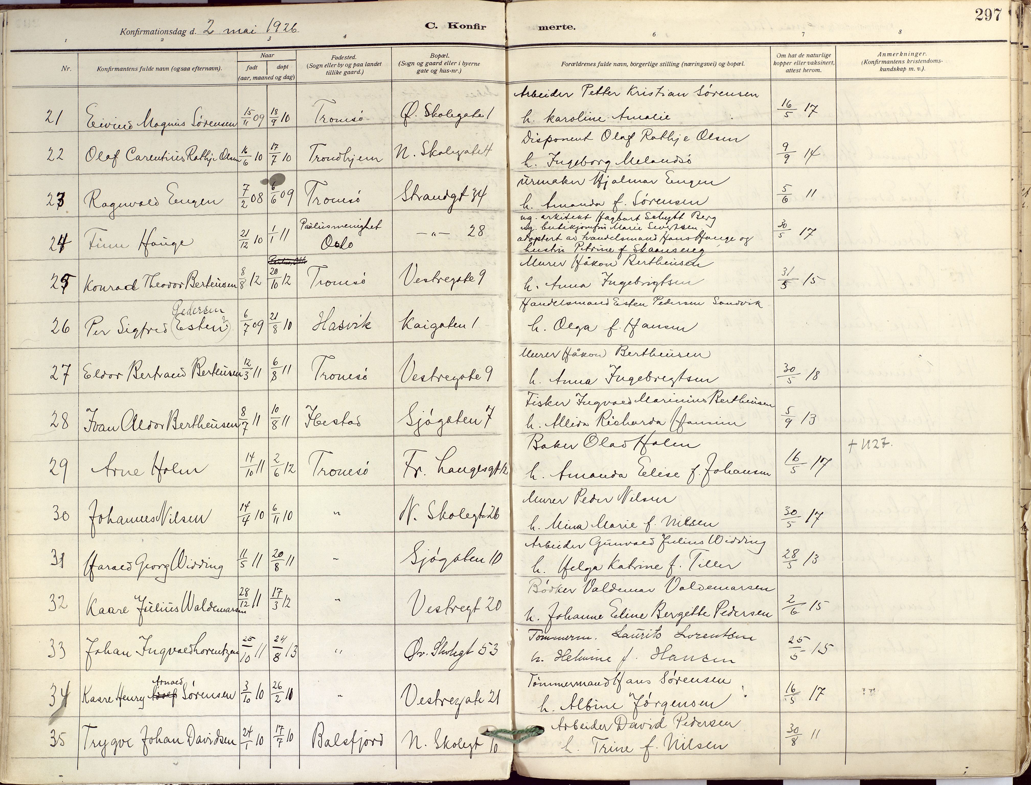 Tromsø sokneprestkontor/stiftsprosti/domprosti, SATØ/S-1343/G/Ga/L0019kirke: Parish register (official) no. 19, 1917-1927, p. 297
