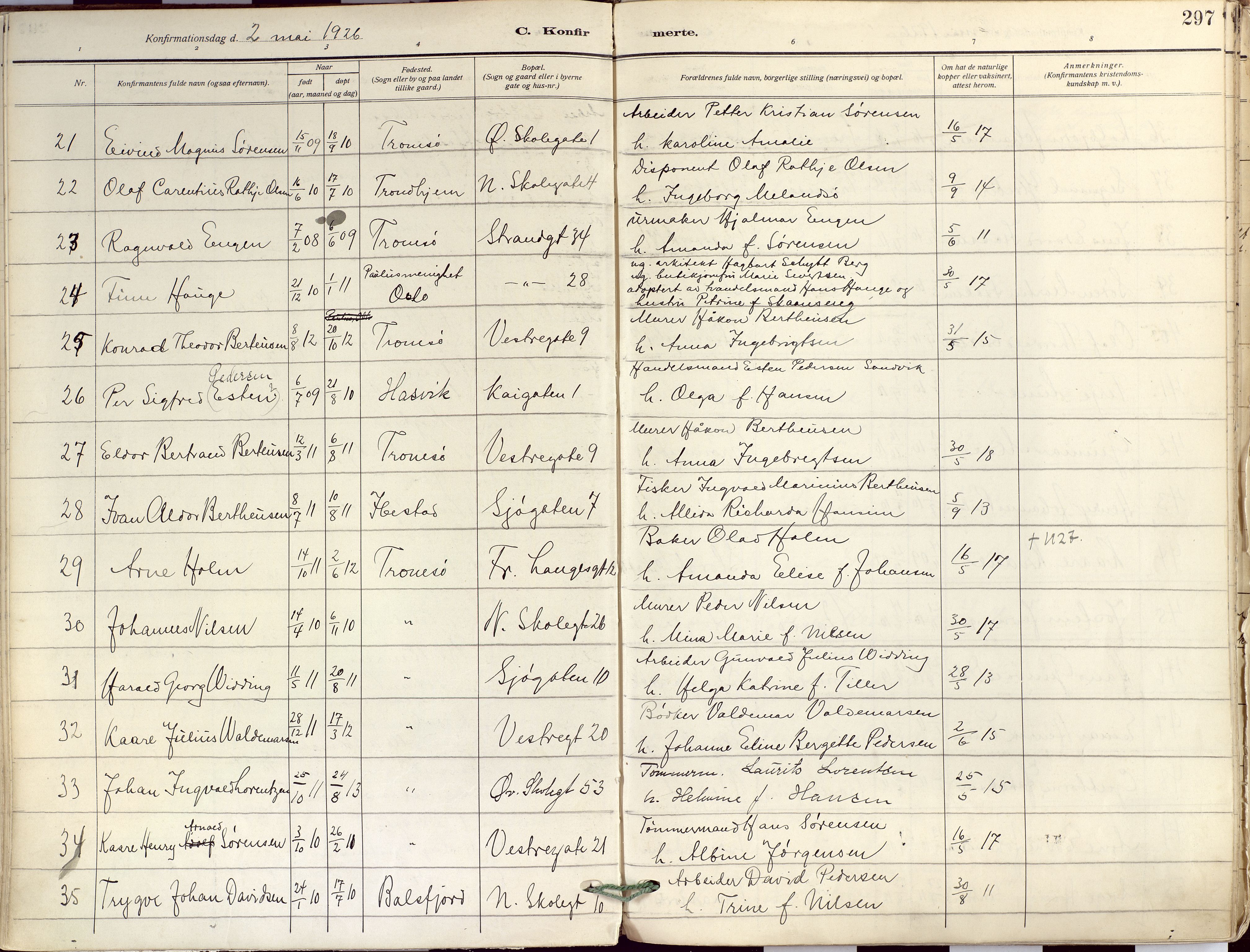 Tromsø sokneprestkontor/stiftsprosti/domprosti, AV/SATØ-S-1343/G/Ga/L0019kirke: Parish register (official) no. 19, 1917-1927, p. 297