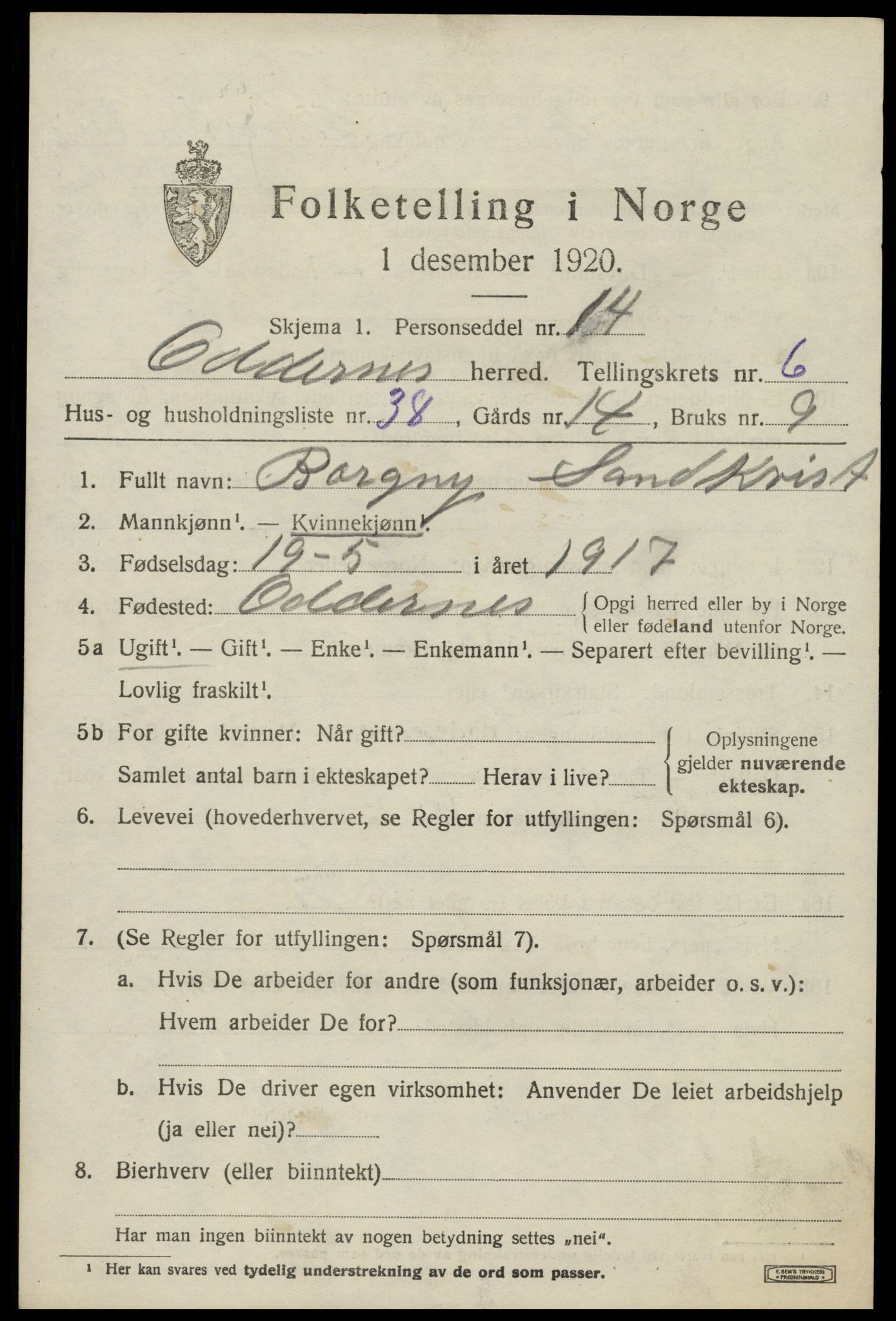 SAK, 1920 census for Oddernes, 1920, p. 5397