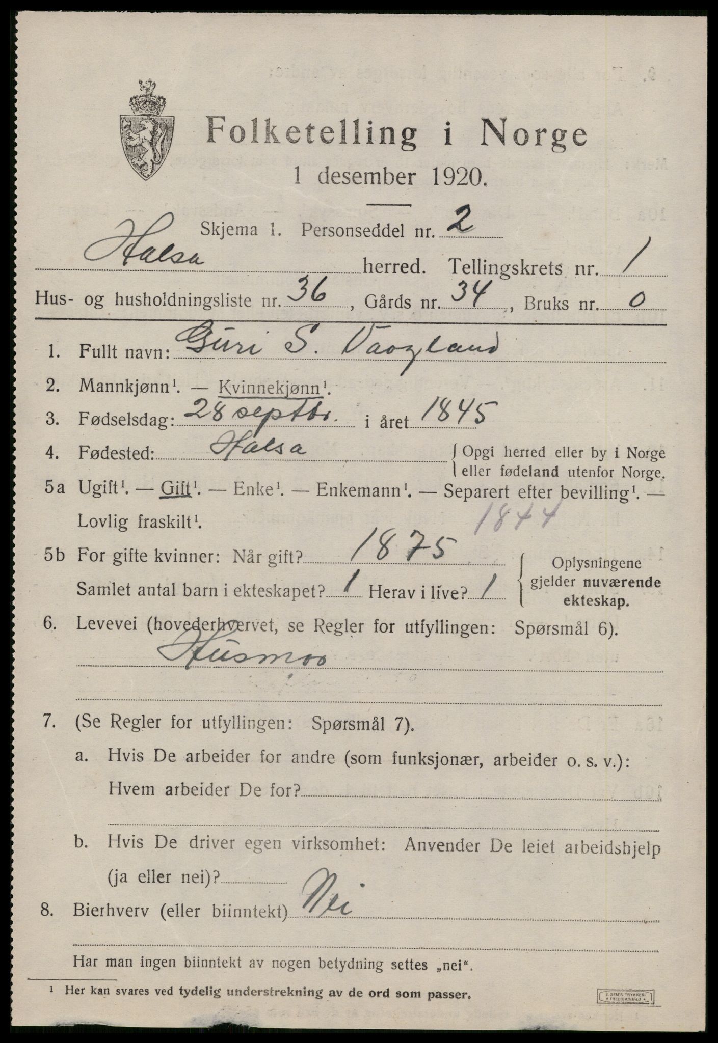 SAT, 1920 census for Halsa, 1920, p. 896