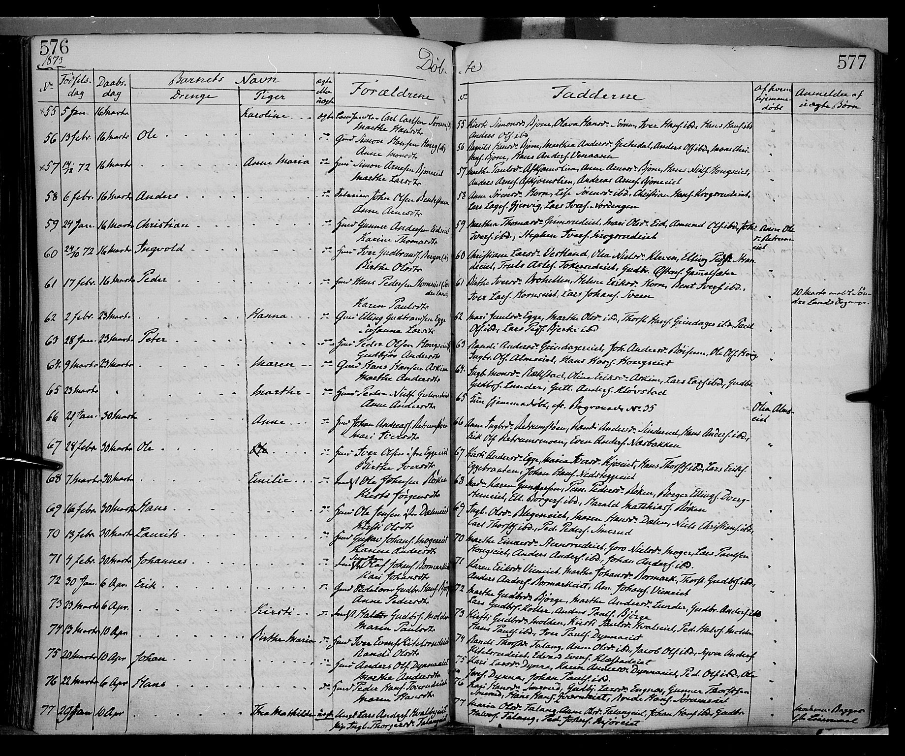 Gran prestekontor, AV/SAH-PREST-112/H/Ha/Haa/L0012: Parish register (official) no. 12, 1856-1874, p. 576-577