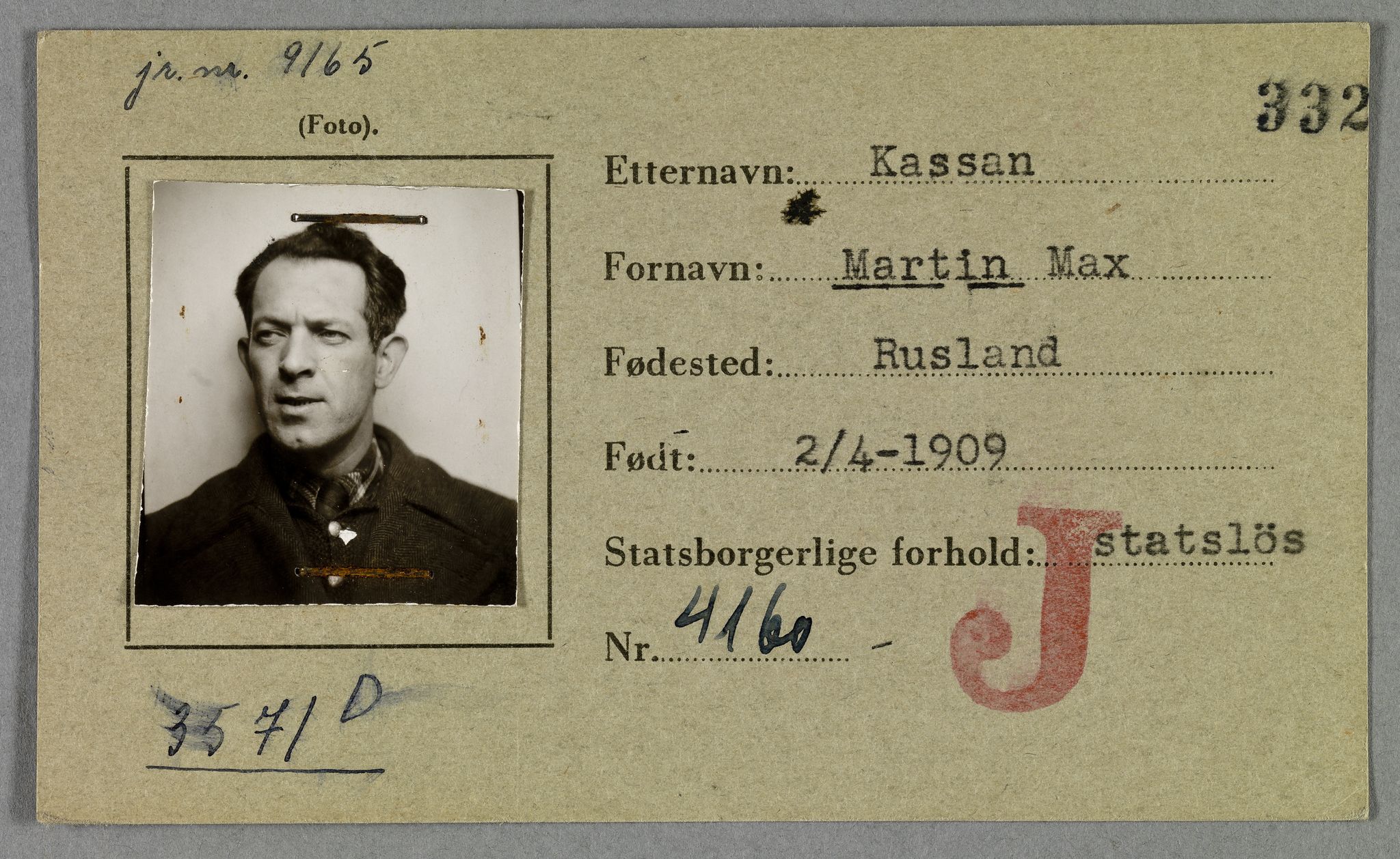 Sosialdepartementet, Våre Falne, RA/S-1708/E/Ee/L0021A: Fotografier av jøder på legitimasjonskort (1941-42), 1941-1942, p. 205