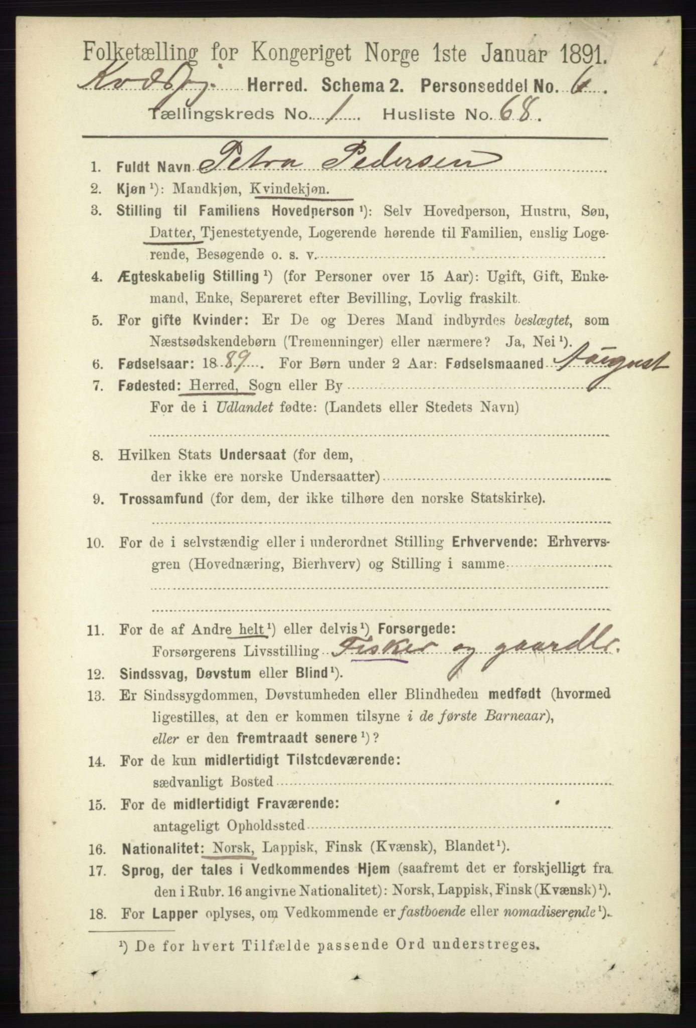 RA, 1891 census for 1911 Kvæfjord, 1891, p. 569