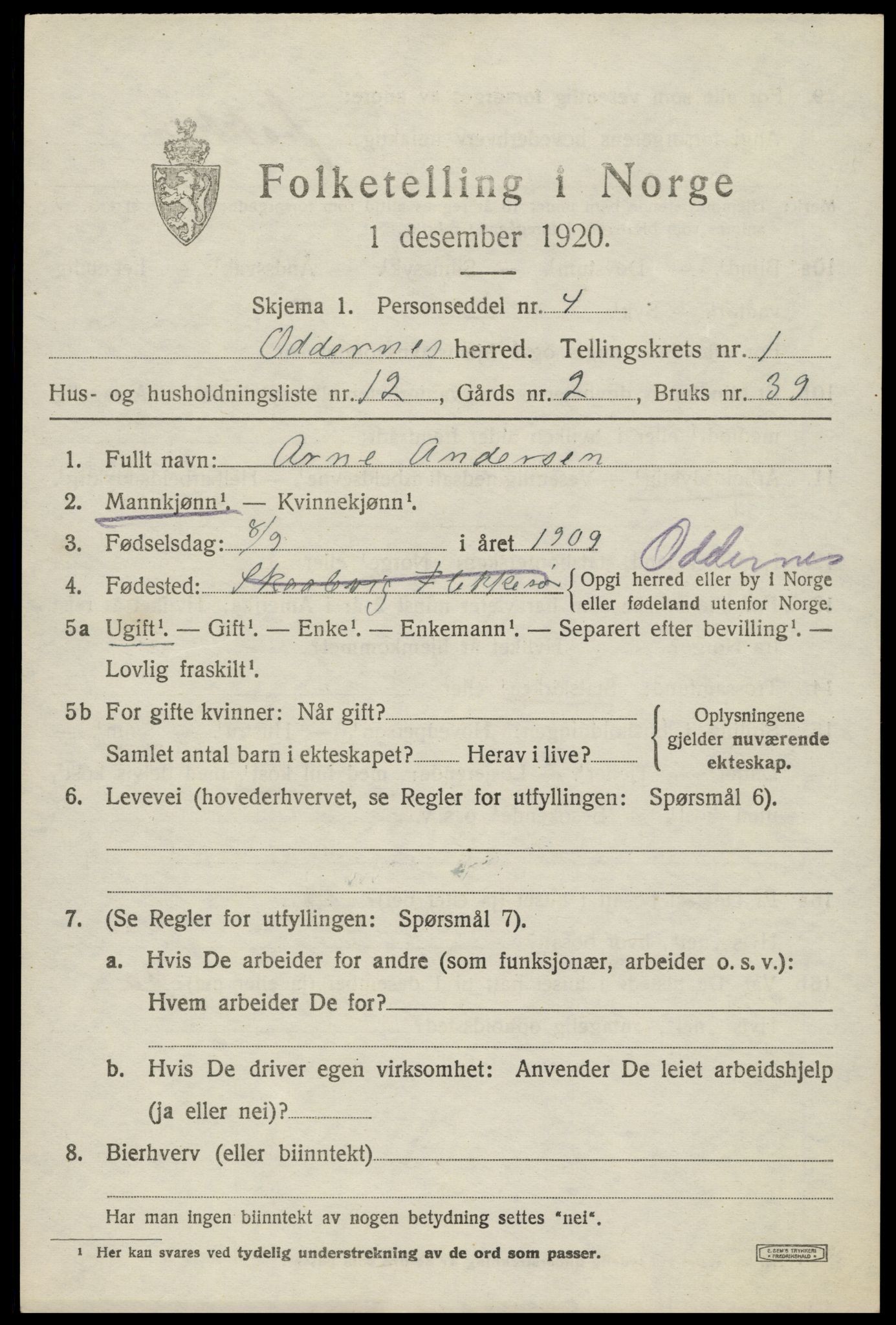 SAK, 1920 census for Oddernes, 1920, p. 2151
