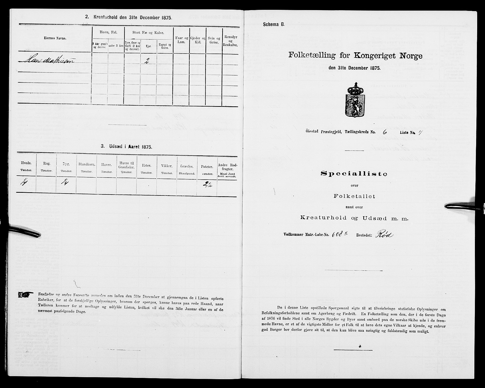 SAK, 1875 census for 0920P Øyestad, 1875, p. 707